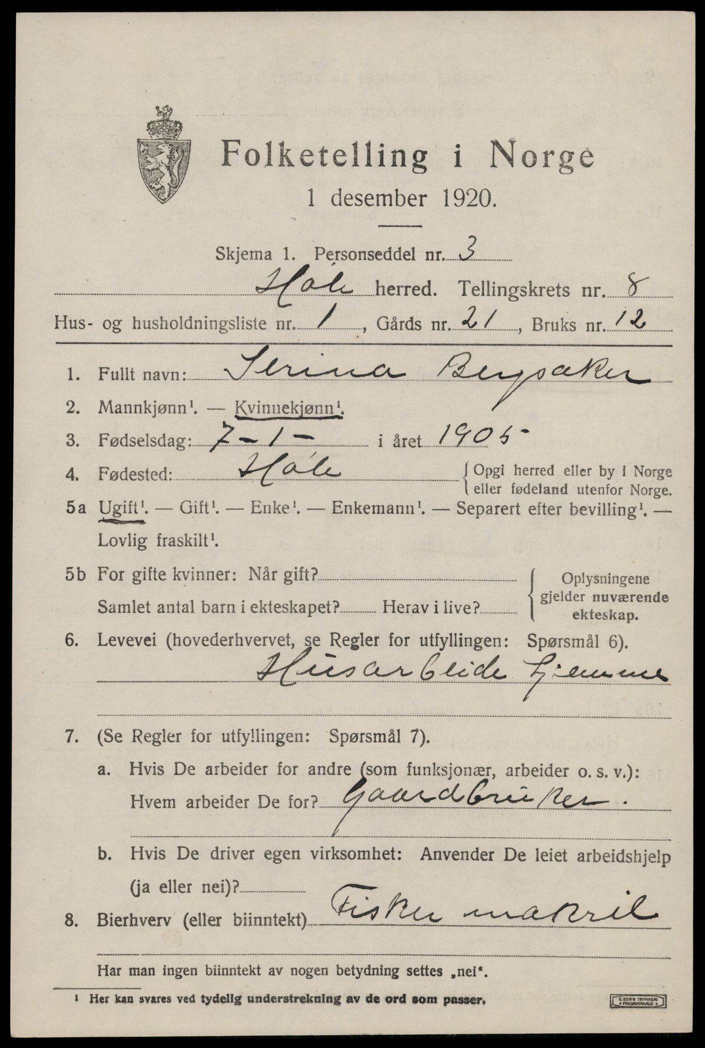 SAST, 1920 census for Høle, 1920, p. 2215