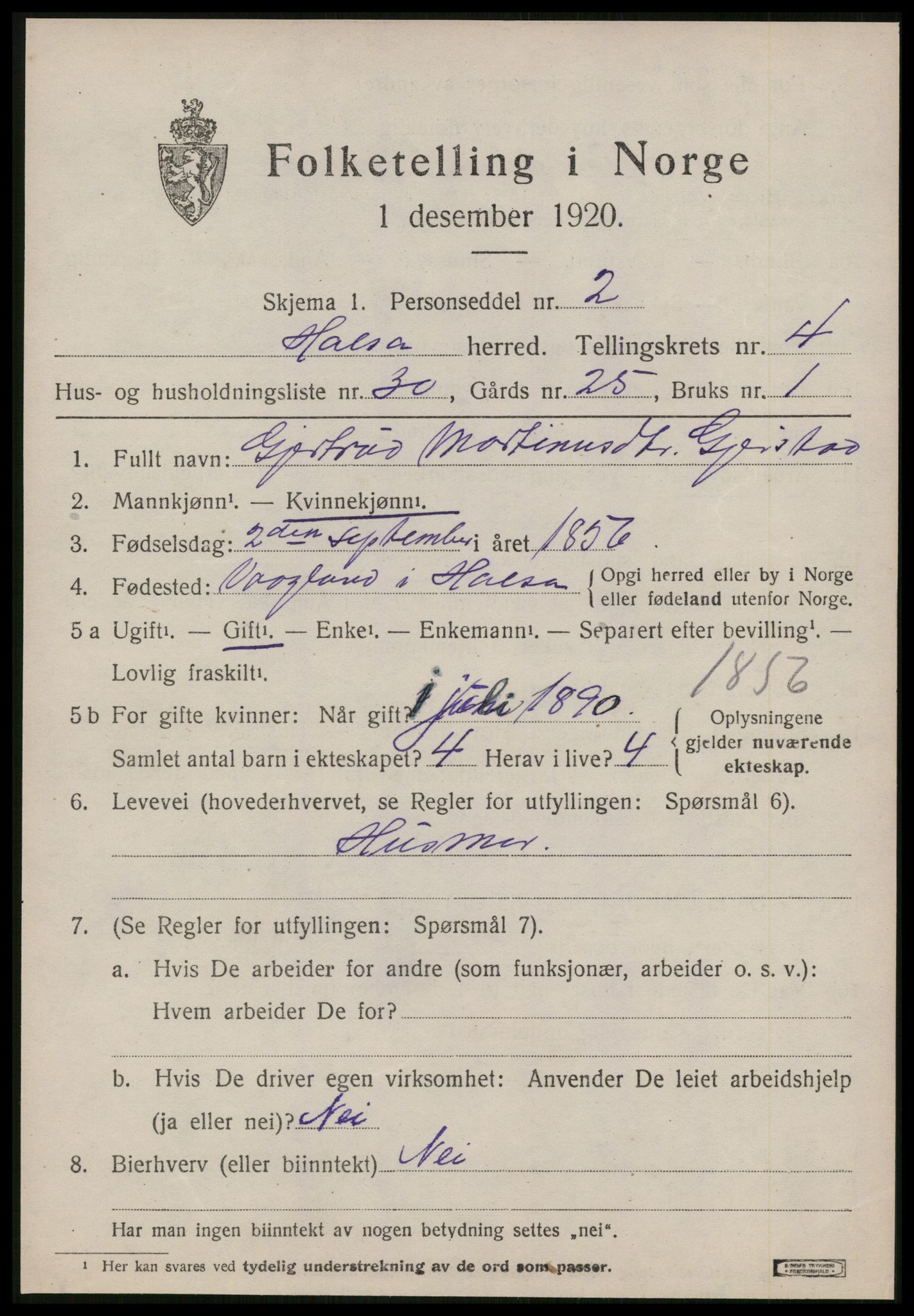 SAT, 1920 census for Halsa, 1920, p. 1993