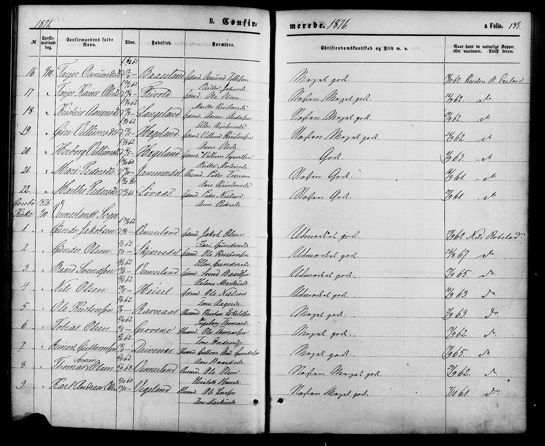 Vennesla sokneprestkontor, AV/SAK-1111-0045/Fa/Fac/L0008: Parish register (official) no. A 8, 1874-1883, p. 138