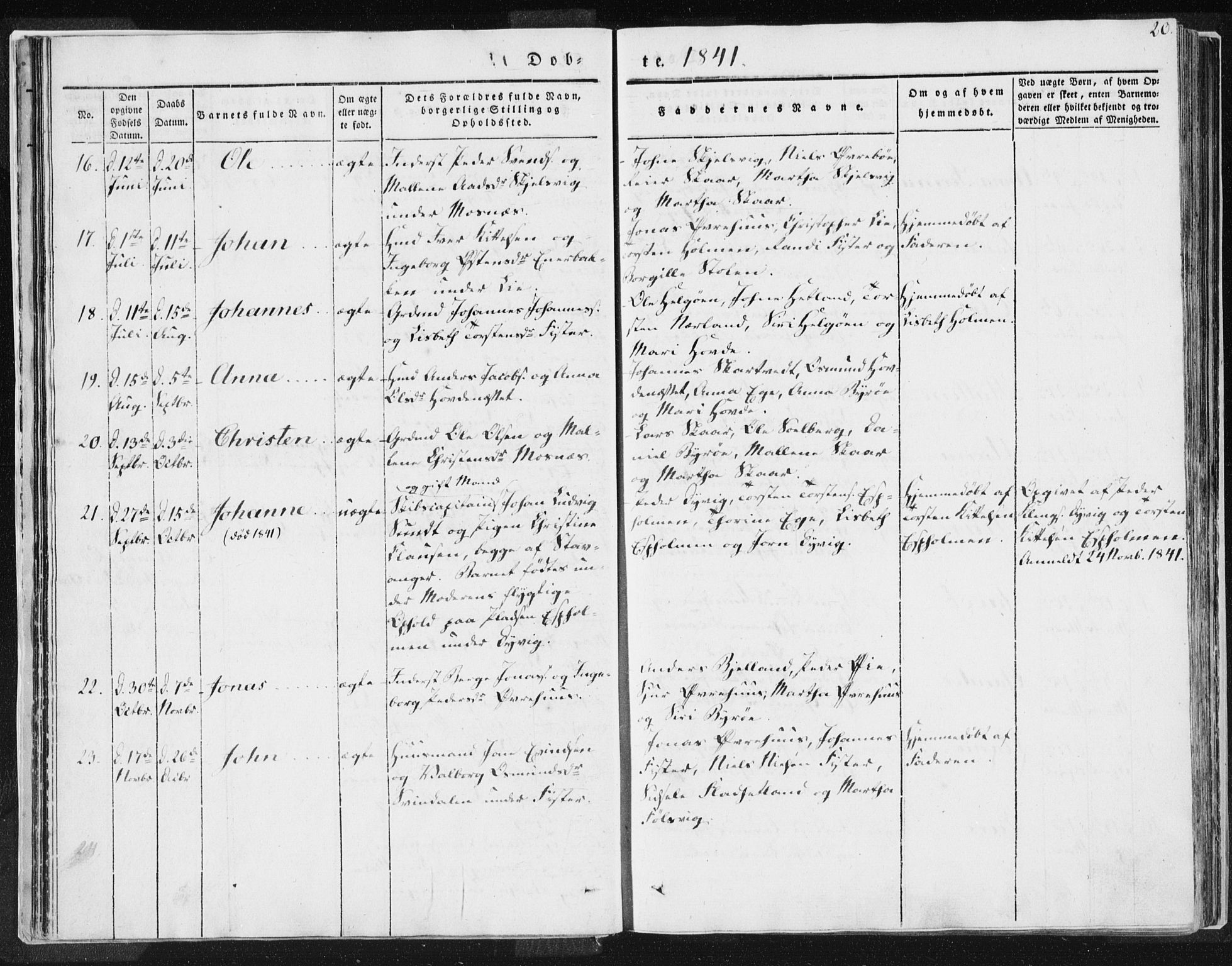 Hjelmeland sokneprestkontor, AV/SAST-A-101843/01/IV/L0007: Parish register (official) no. A 7, 1834-1850, p. 20