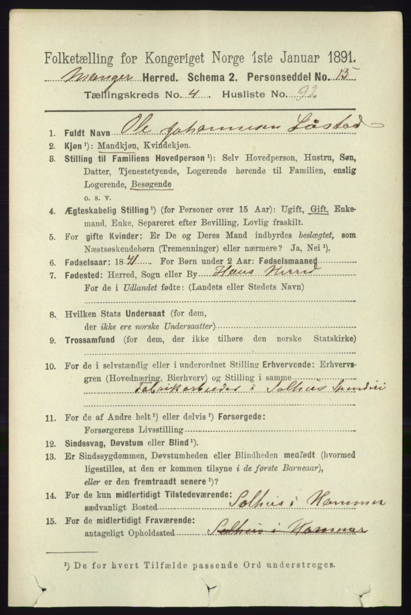 RA, 1891 census for 1261 Manger, 1891, p. 2536