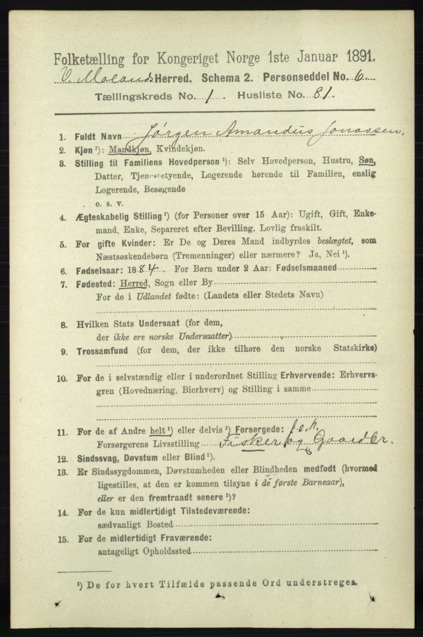 RA, 1891 census for 0926 Vestre Moland, 1891, p. 563
