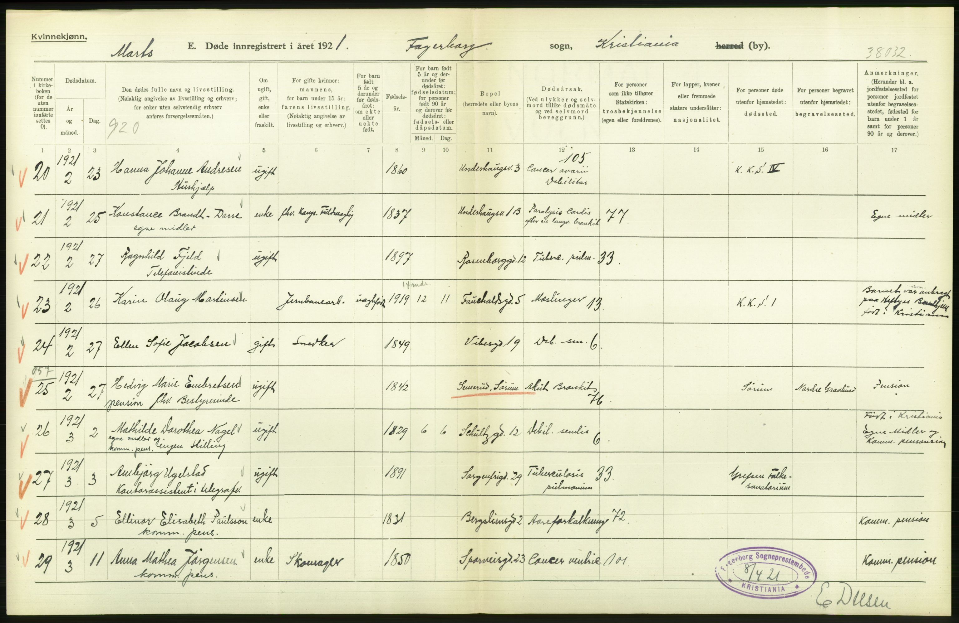 Statistisk sentralbyrå, Sosiodemografiske emner, Befolkning, AV/RA-S-2228/D/Df/Dfc/Dfca/L0012: Kristiania: Døde, 1921, p. 320