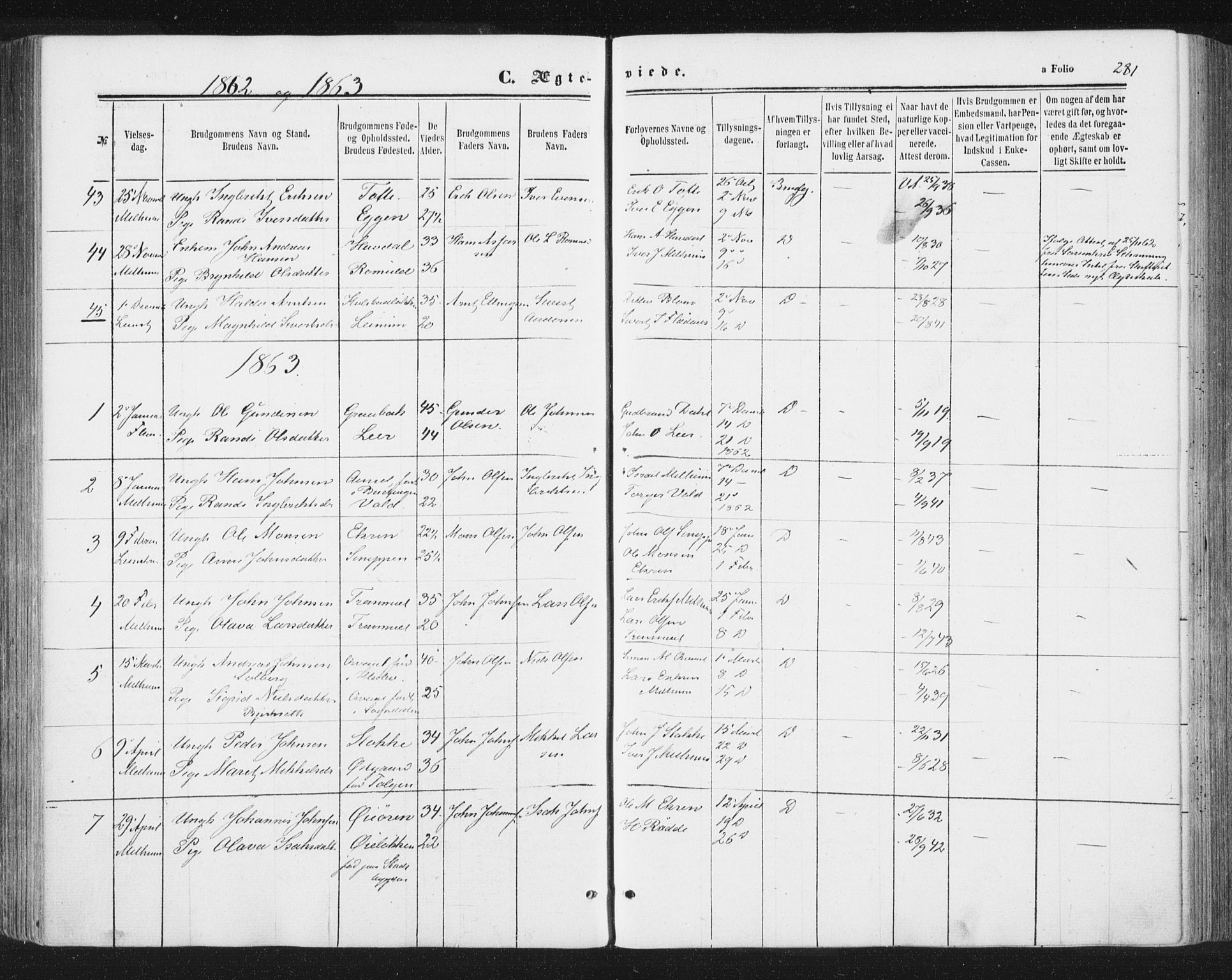 Ministerialprotokoller, klokkerbøker og fødselsregistre - Sør-Trøndelag, SAT/A-1456/691/L1077: Parish register (official) no. 691A09, 1862-1873, p. 281