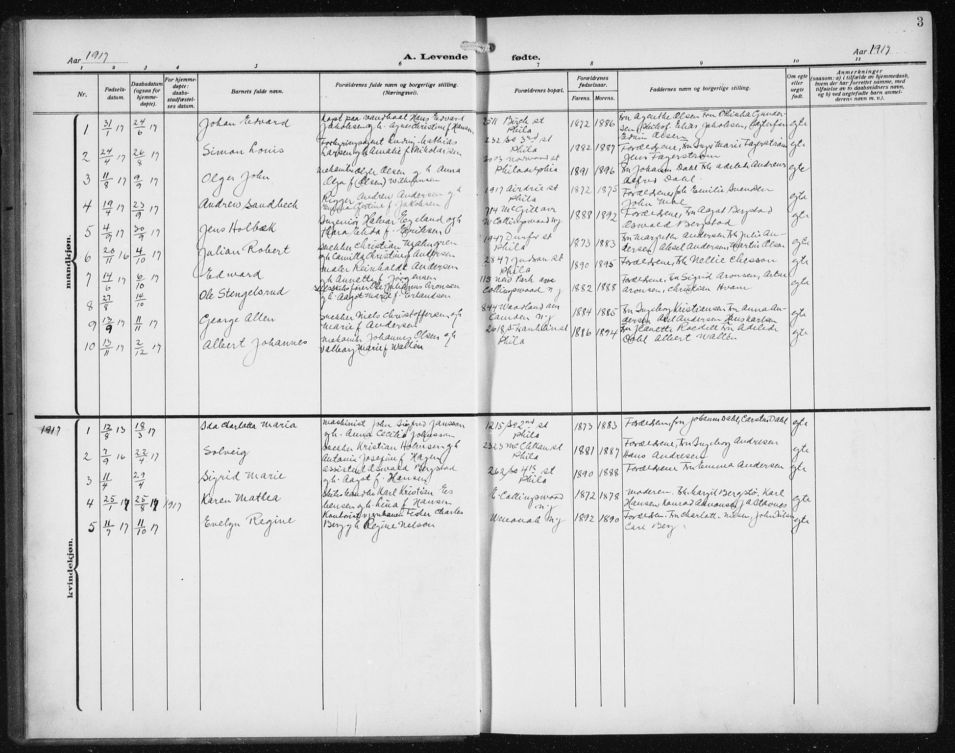 Den norske sjømannsmisjon i utlandet/Philadelphia, SAB/SAB/PA-0113/H/Ha/L0001: Parish register (official) no. A 1, 1912-1931, p. 3