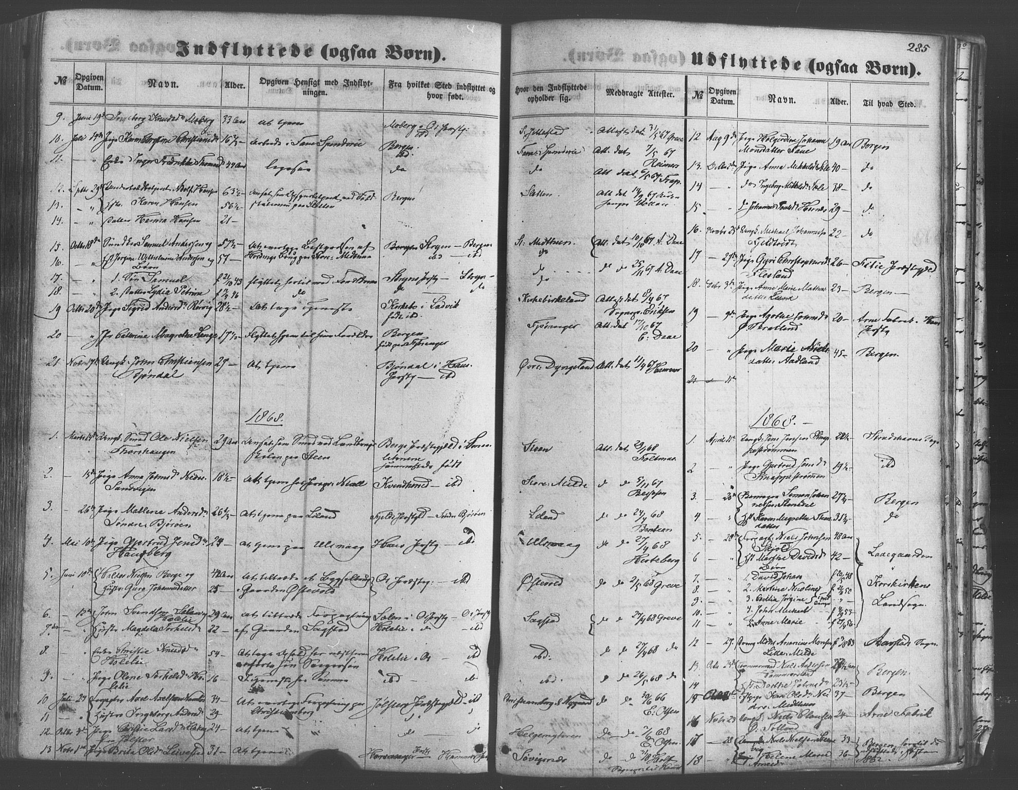 Fana Sokneprestembete, SAB/A-75101/H/Haa/Haaa/L0012: Parish register (official) no. A 12, 1862-1878, p. 285