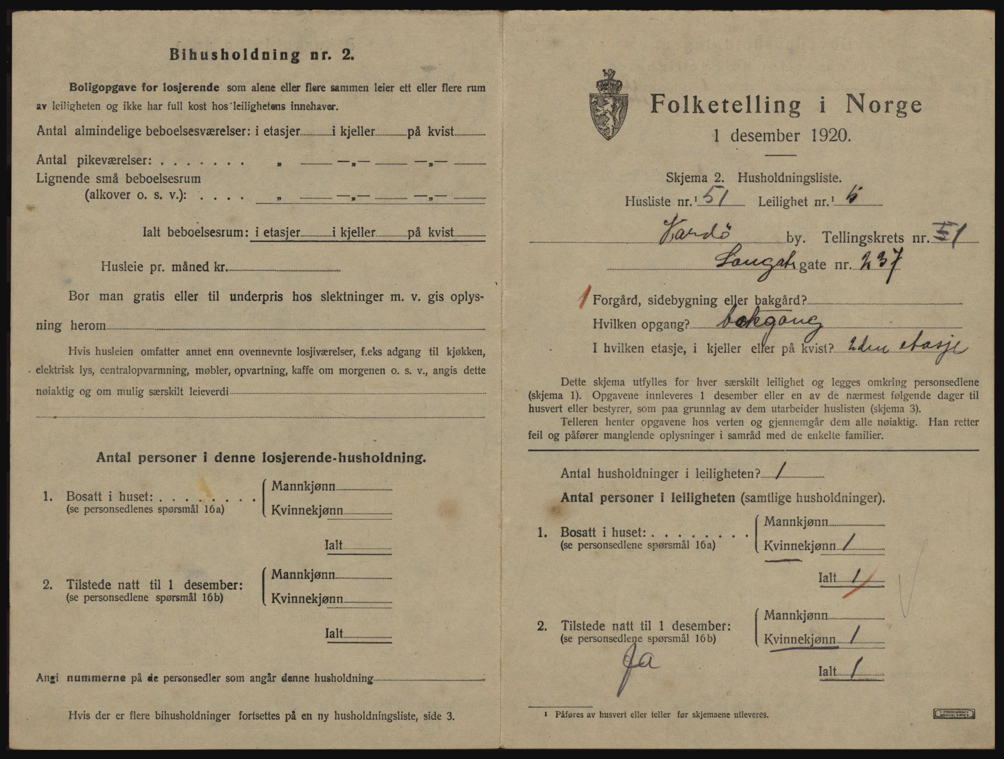 SATØ, 1920 census for Vardø, 1920, p. 1137