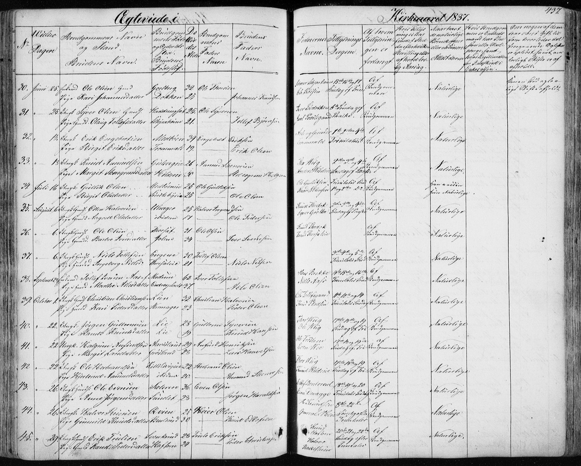 Nes kirkebøker, AV/SAKO-A-236/F/Fa/L0009: Parish register (official) no. 9, 1834-1863, p. 437