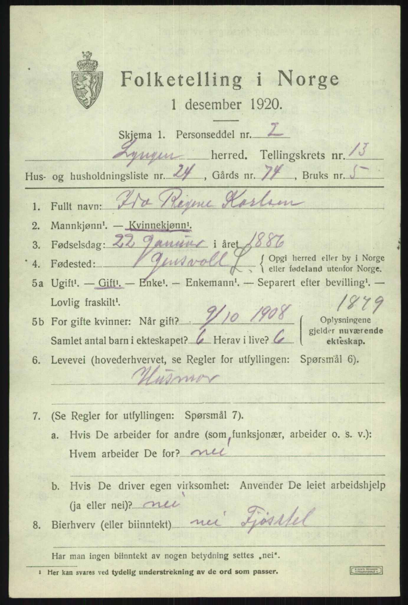 SATØ, 1920 census for Lyngen, 1920, p. 10371