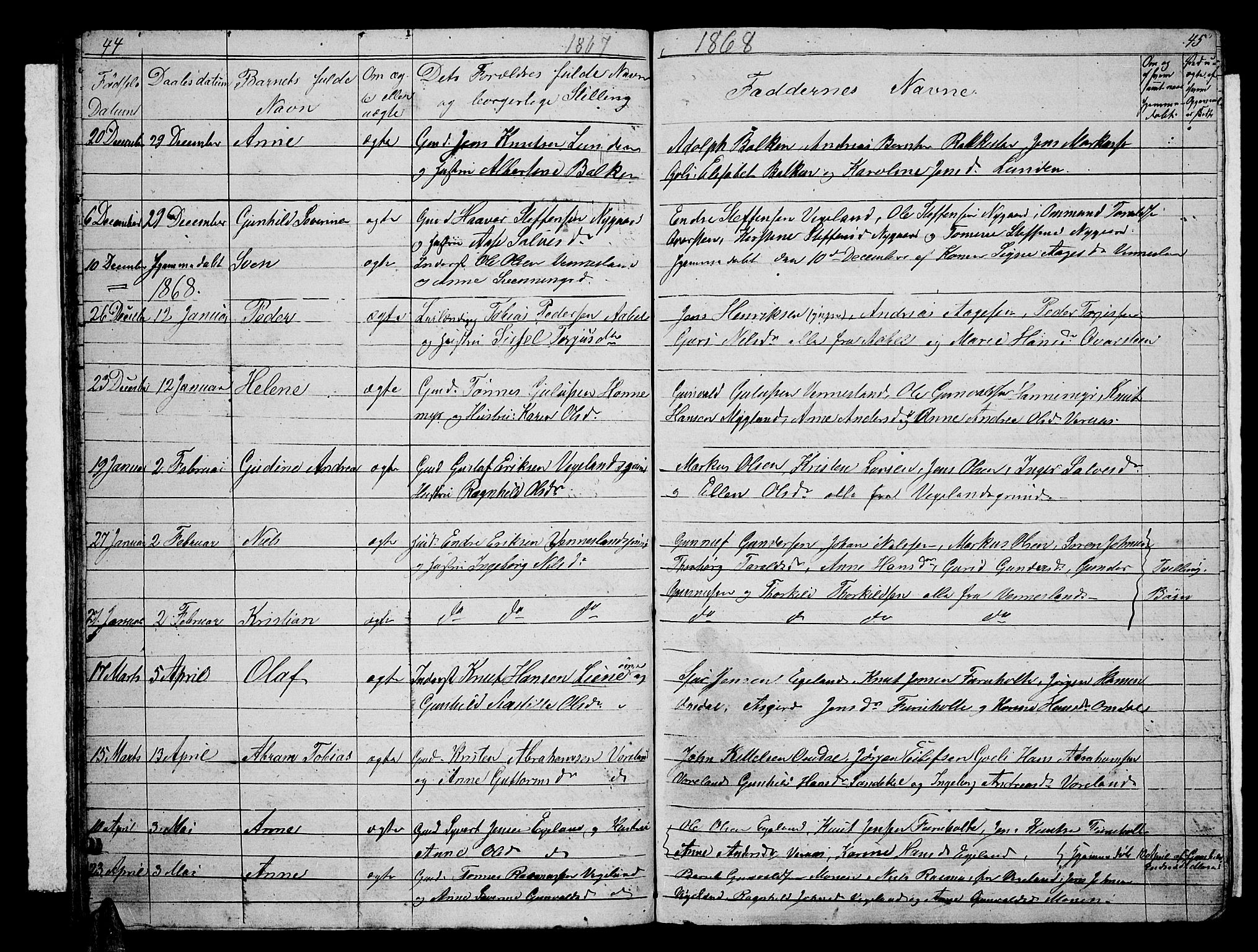 Vennesla sokneprestkontor, SAK/1111-0045/Fb/Fbb/L0002: Parish register (copy) no. B 2, 1859-1879, p. 44-45