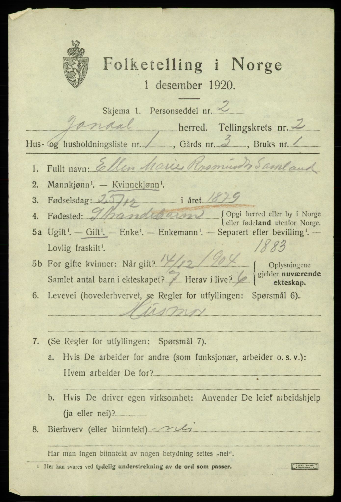 SAB, 1920 census for Jondal, 1920, p. 958