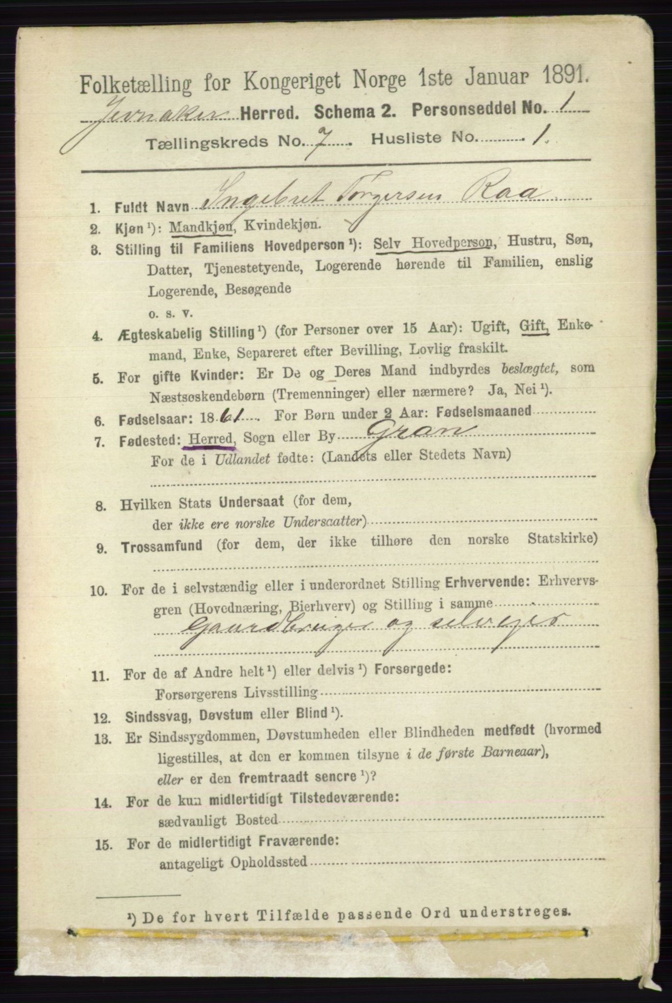 RA, 1891 census for 0532 Jevnaker, 1891, p. 3735
