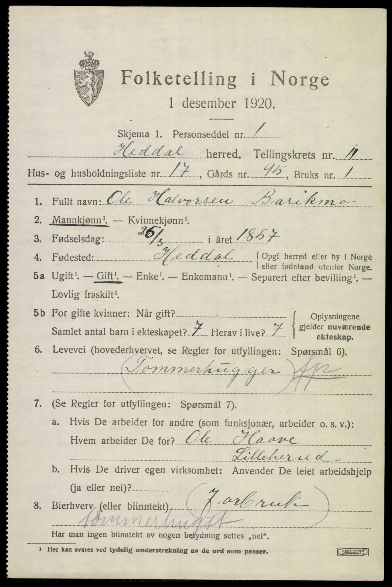 SAKO, 1920 census for Heddal, 1920, p. 7930
