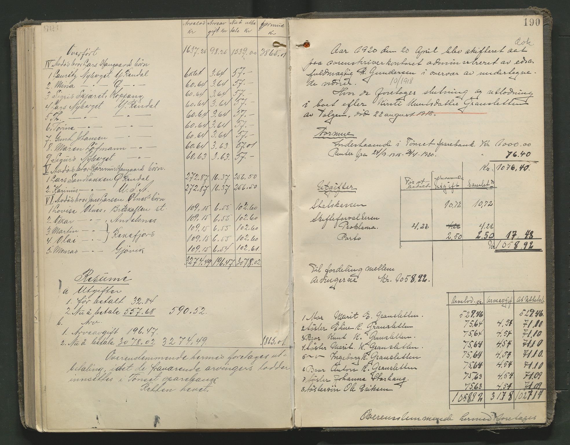 Nord-Østerdal tingrett, AV/SAH-TING-020/J/Jd/L0006: Skifteutlodningsprotokoll, 1907-1920, p. 190