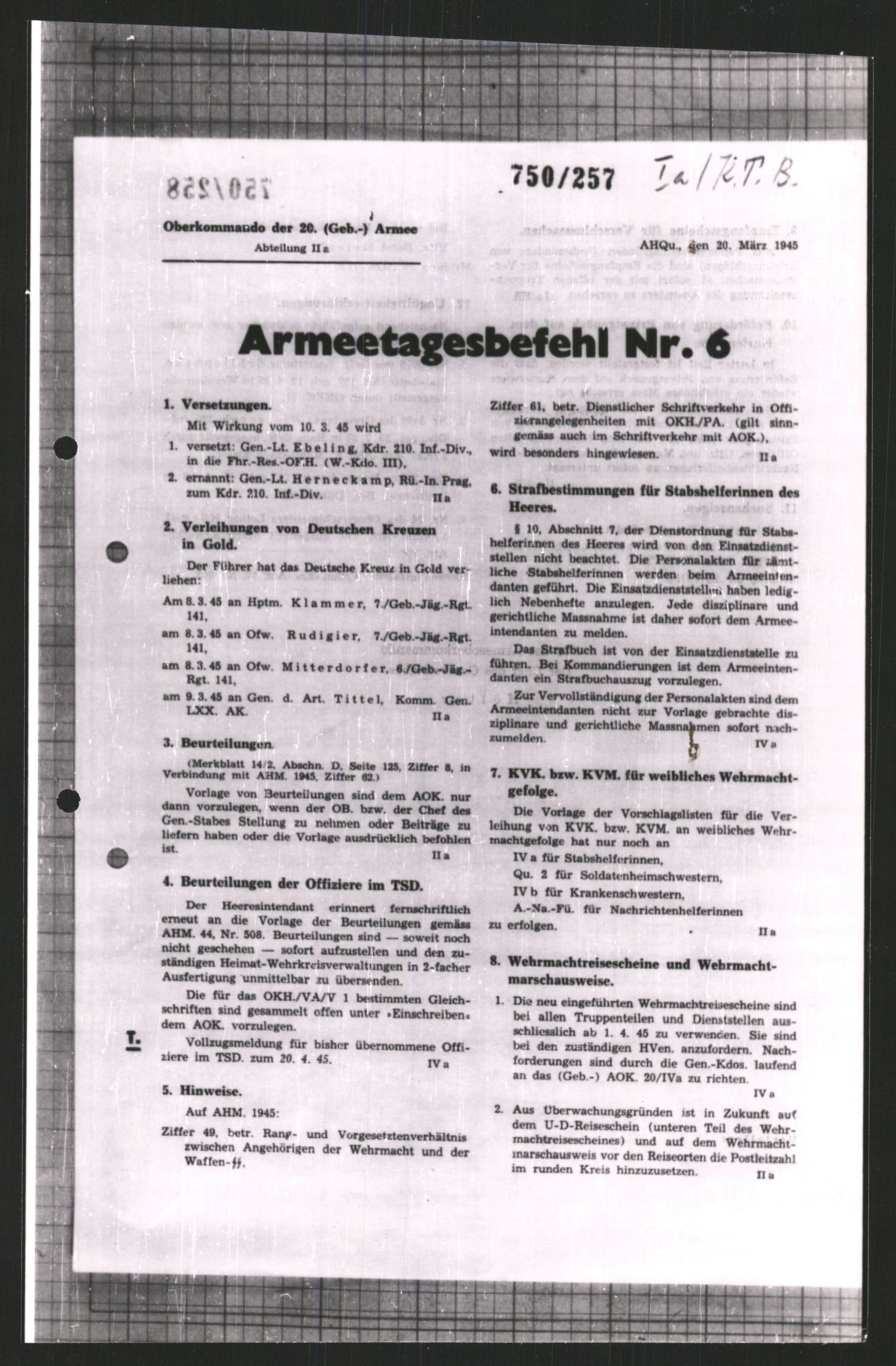 Forsvarets Overkommando. 2 kontor. Arkiv 11.4. Spredte tyske arkivsaker, AV/RA-RAFA-7031/D/Dar/Dara/L0008: Krigsdagbøker for 20. Gebirgs-Armee-Oberkommando (AOK 20), 1945, p. 645