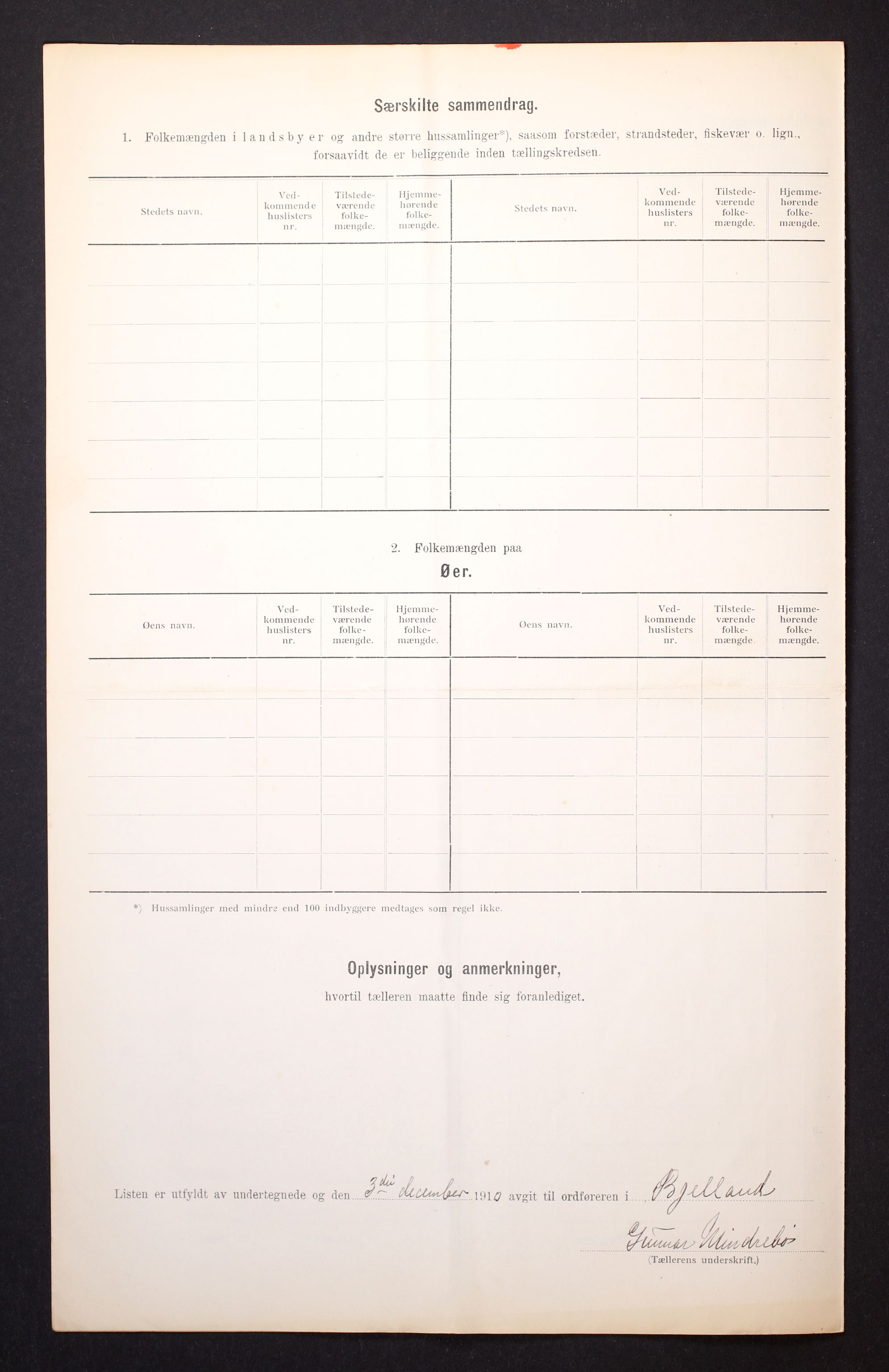 RA, 1910 census for Bjelland, 1910, p. 18