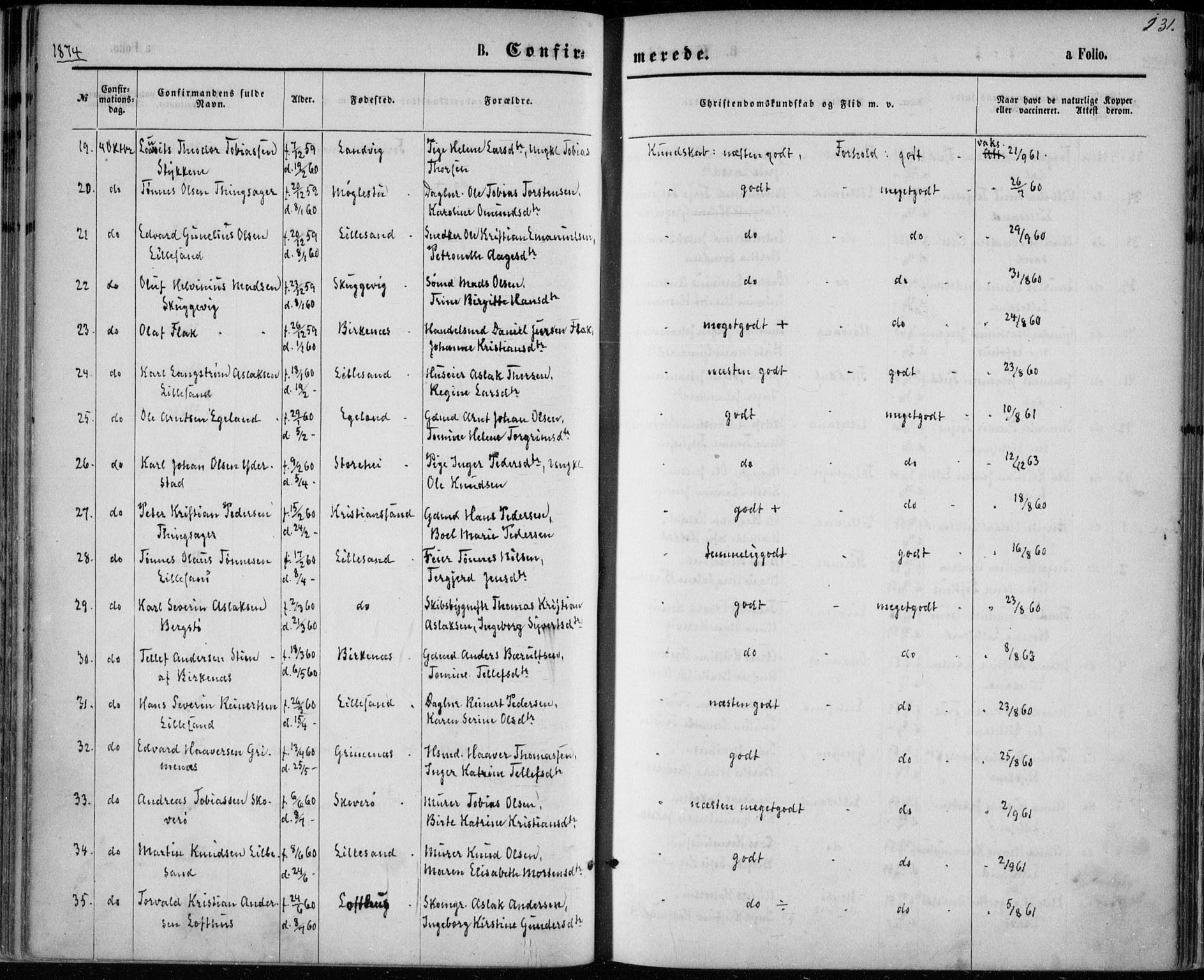 Vestre Moland sokneprestkontor, AV/SAK-1111-0046/F/Fa/Fab/L0008: Parish register (official) no. A 8, 1873-1883, p. 131