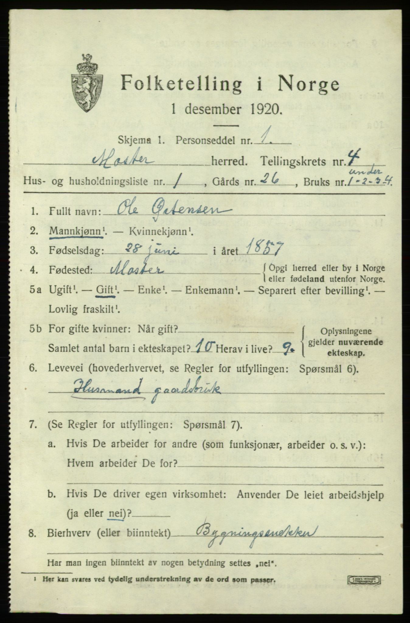 SAB, 1920 census for Moster, 1920, p. 1321