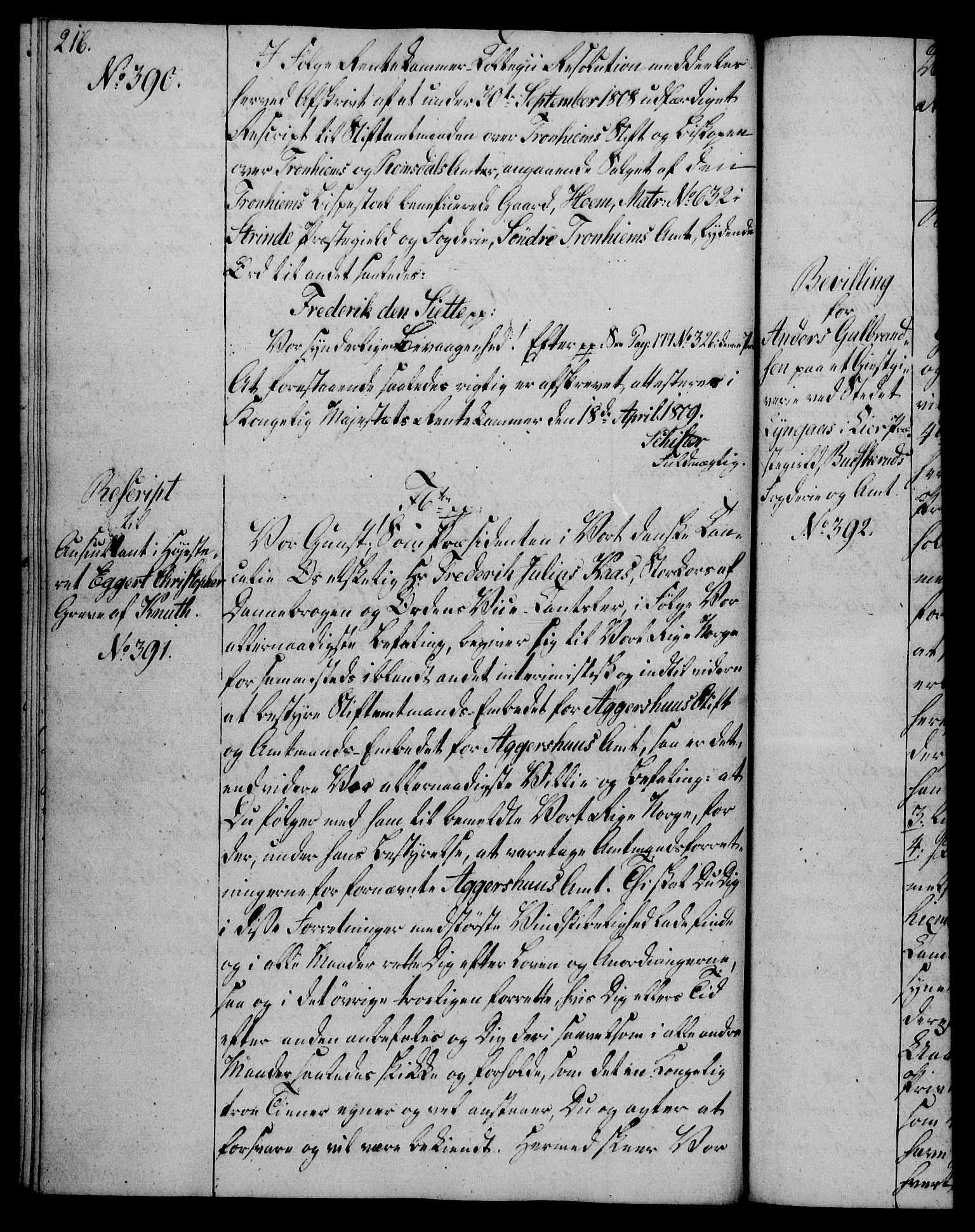 Rentekammeret, Kammerkanselliet, AV/RA-EA-3111/G/Gg/Gga/L0019: Norsk ekspedisjonsprotokoll med register (merket RK 53.19), 1807-1810, p. 216