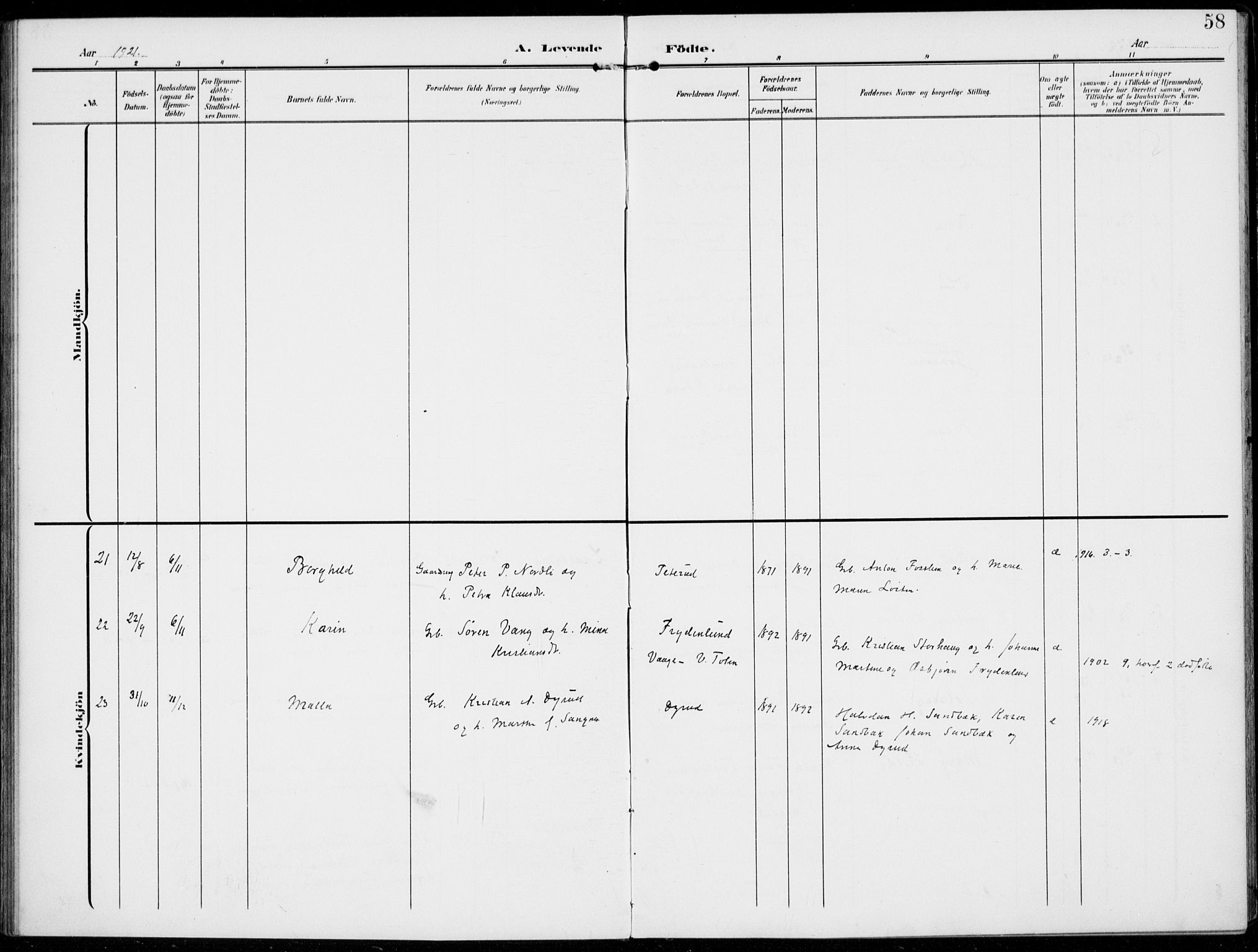 Kolbu prestekontor, SAH/PREST-110/H/Ha/Haa/L0001: Parish register (official) no. 1, 1907-1923, p. 58