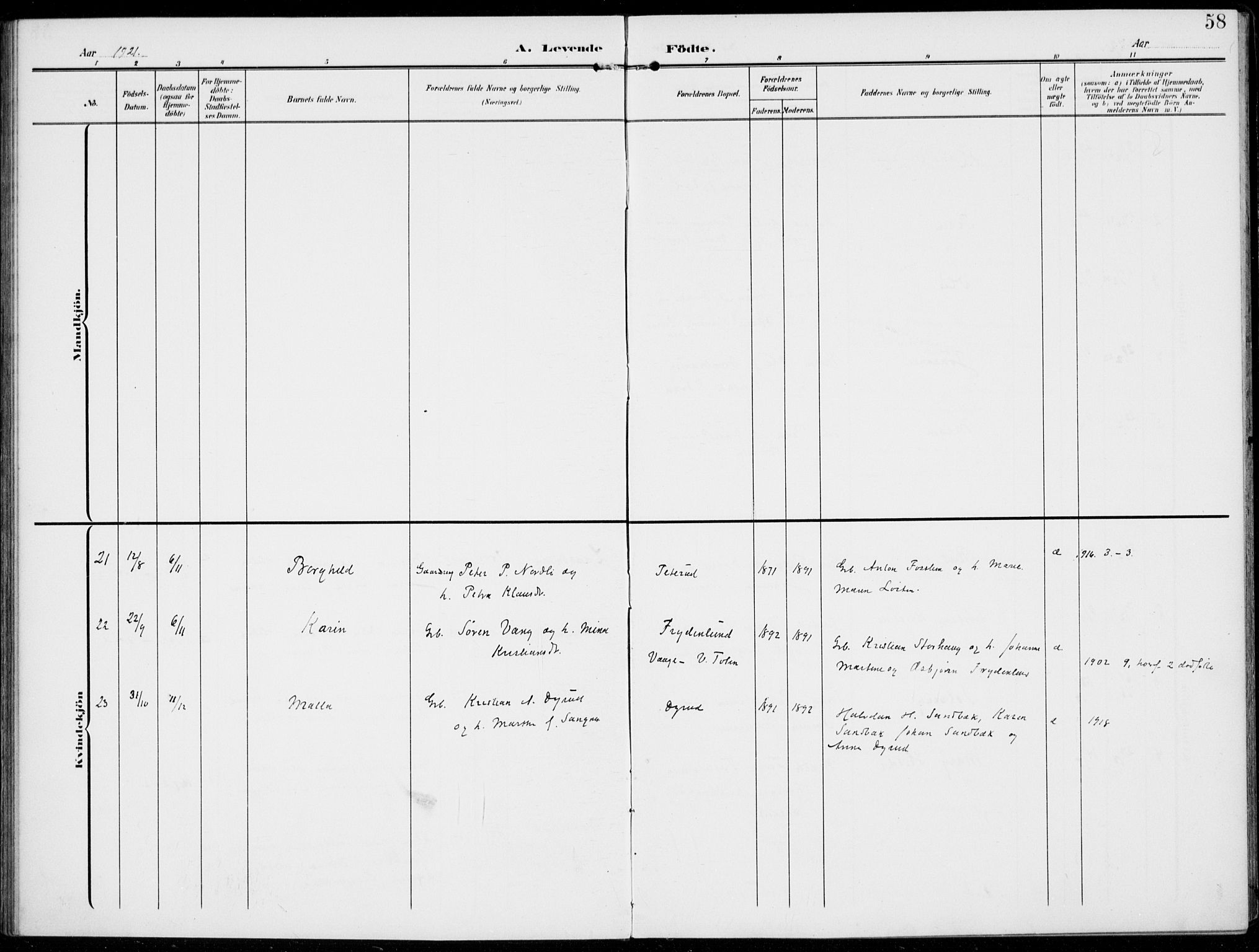 Kolbu prestekontor, AV/SAH-PREST-110/H/Ha/Haa/L0001: Parish register (official) no. 1, 1907-1923, p. 58