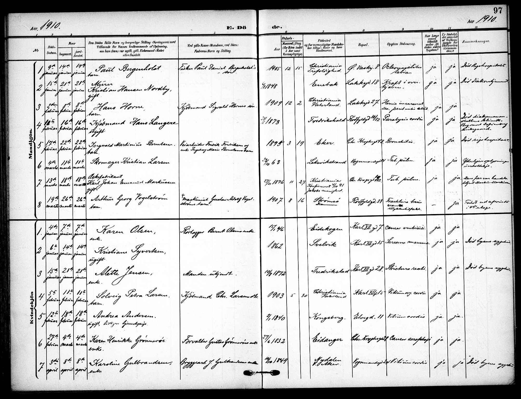 Vaterland prestekontor Kirkebøker, AV/SAO-A-10880/F/Fa/L0002: Parish register (official) no. 2, 1907-1921, p. 97