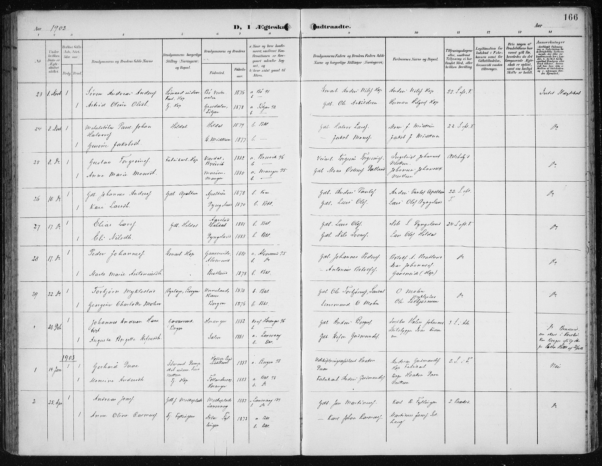 Fana Sokneprestembete, SAB/A-75101/H/Haa/Haai/L0003: Parish register (official) no. I 3, 1900-1912, p. 166