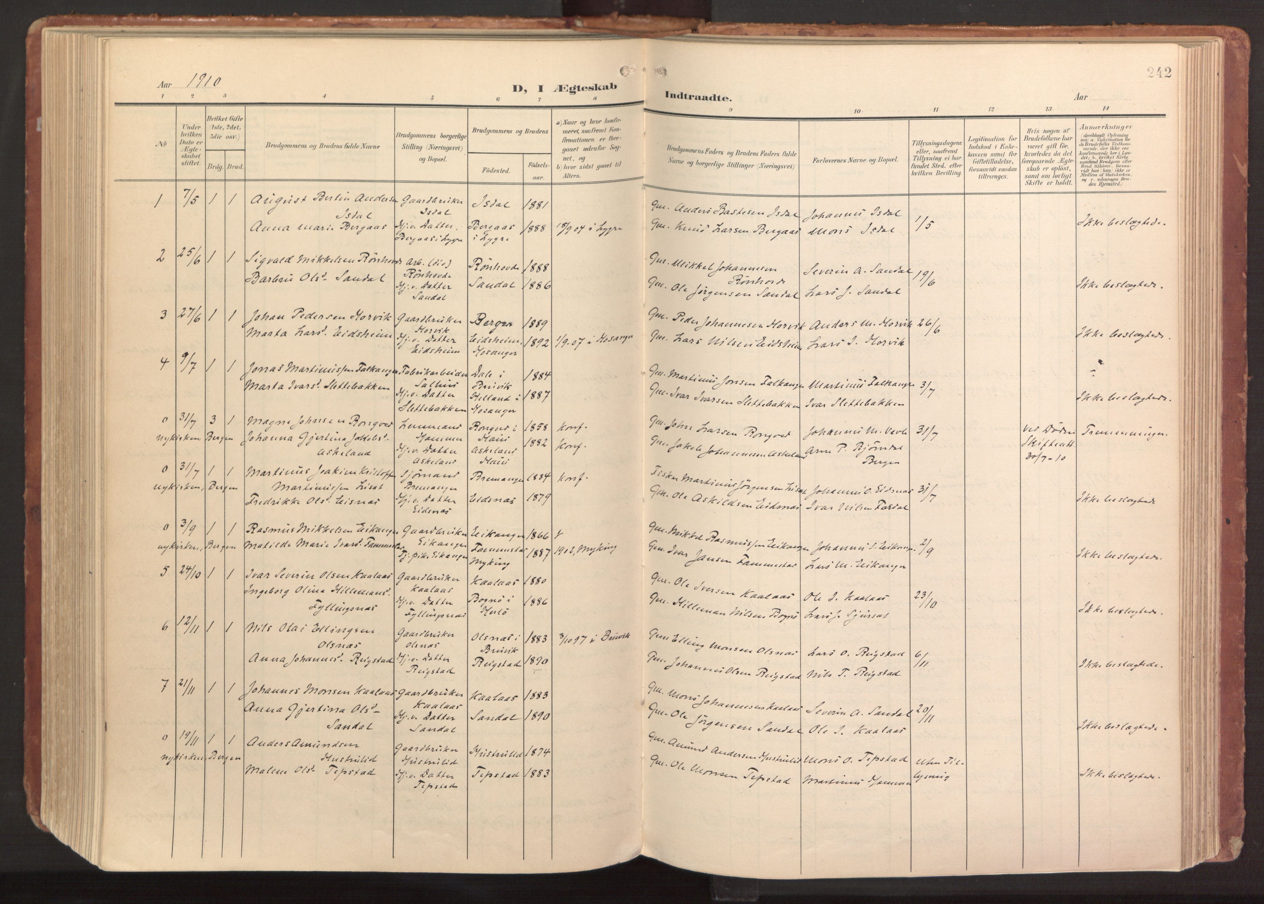 Hamre sokneprestembete, AV/SAB-A-75501/H/Ha/Haa/Haab/L0002: Parish register (official) no. B 2, 1905-1924, p. 242