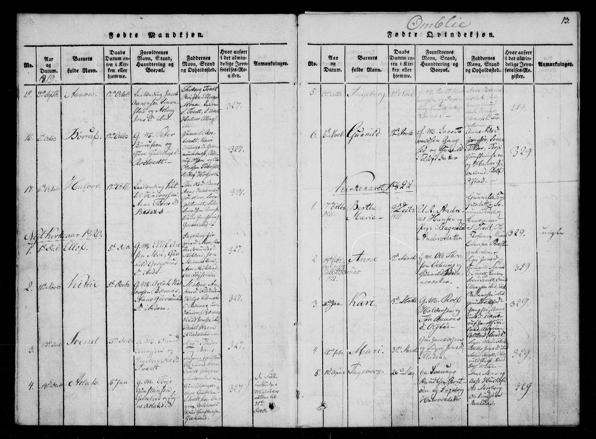 Åmli sokneprestkontor, AV/SAK-1111-0050/F/Fa/Fac/L0006: Parish register (official) no. A 6, 1816-1829, p. 13