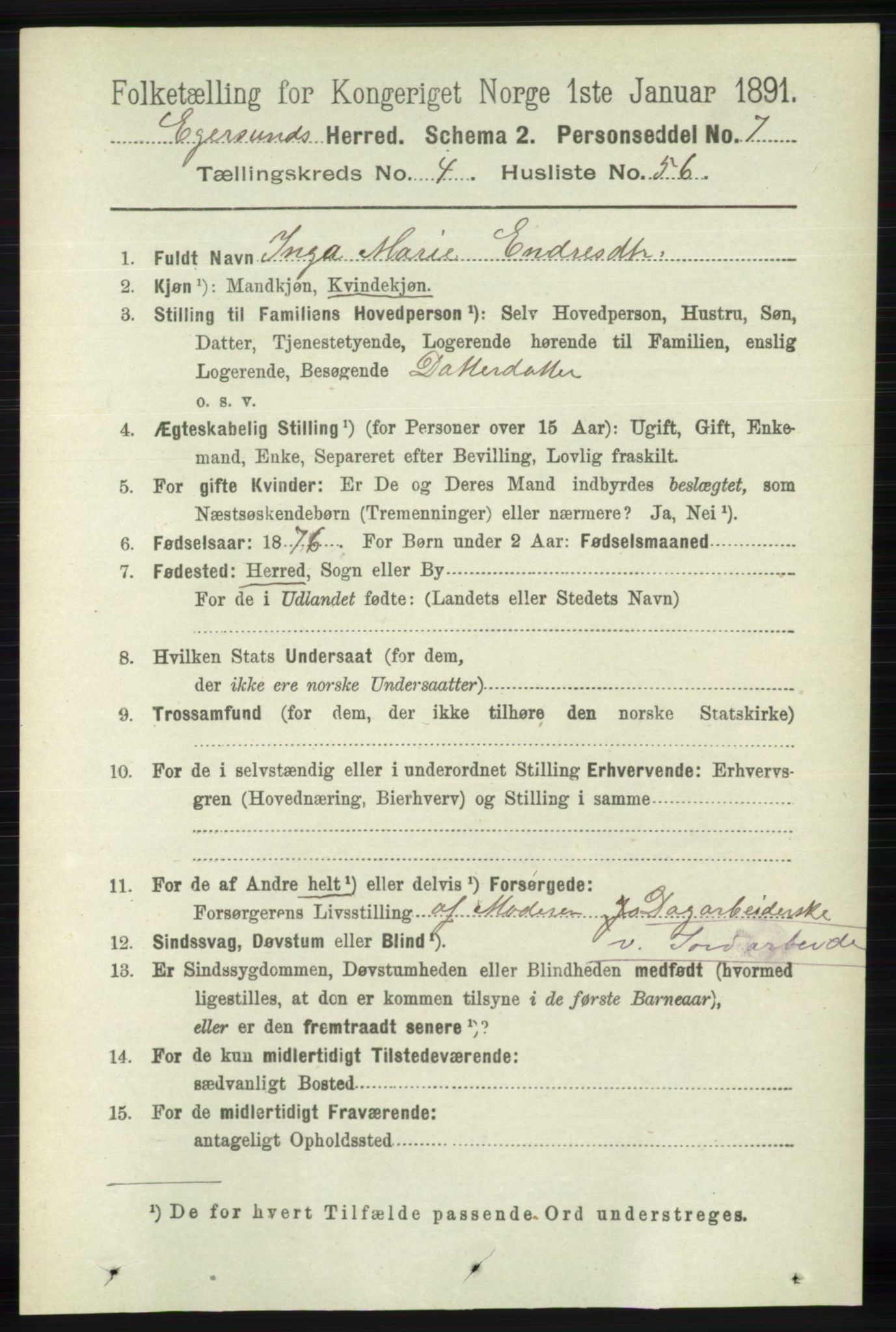 RA, 1891 census for 1116 Eigersund herred, 1891, p. 2001