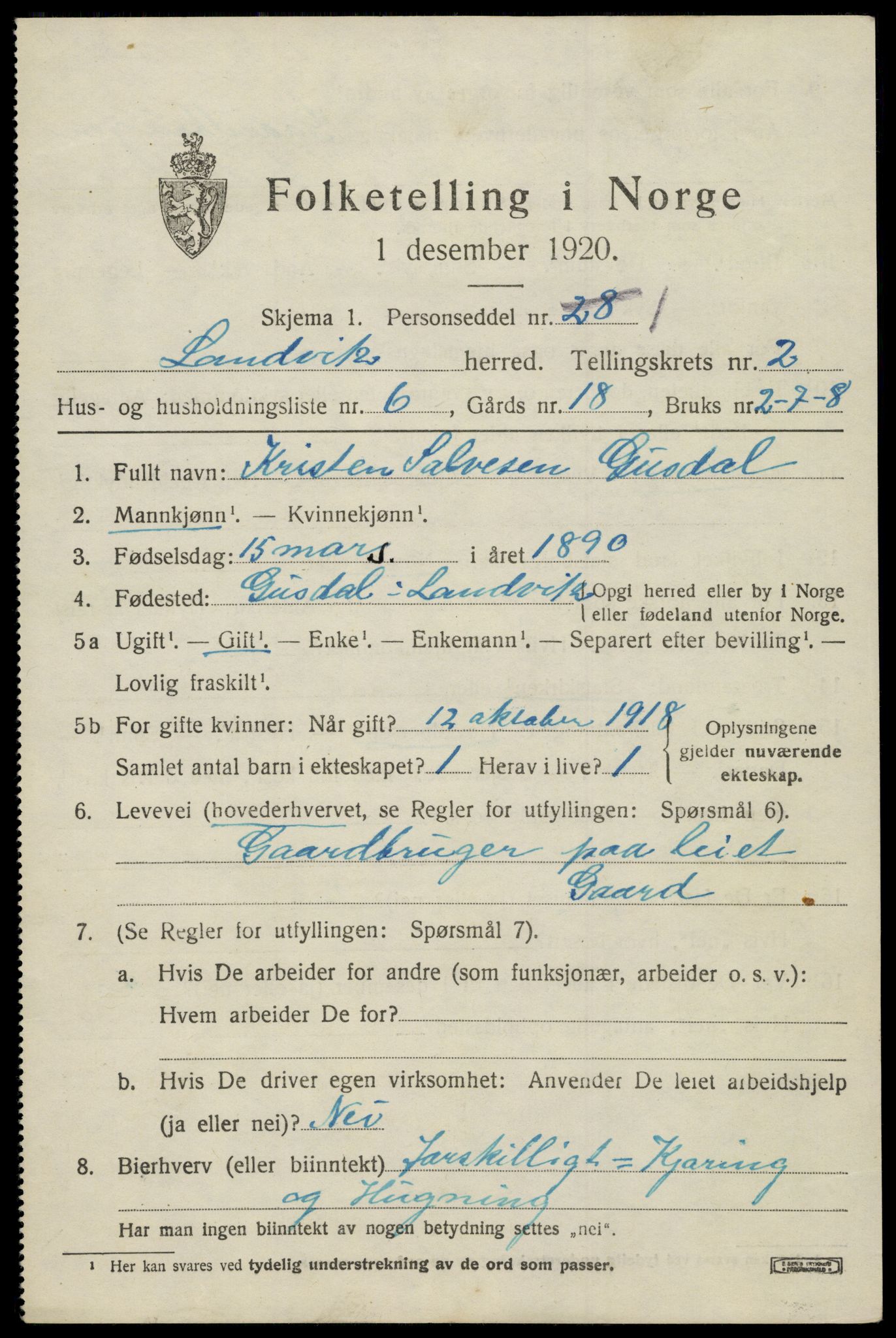 SAK, 1920 census for Landvik, 1920, p. 1826
