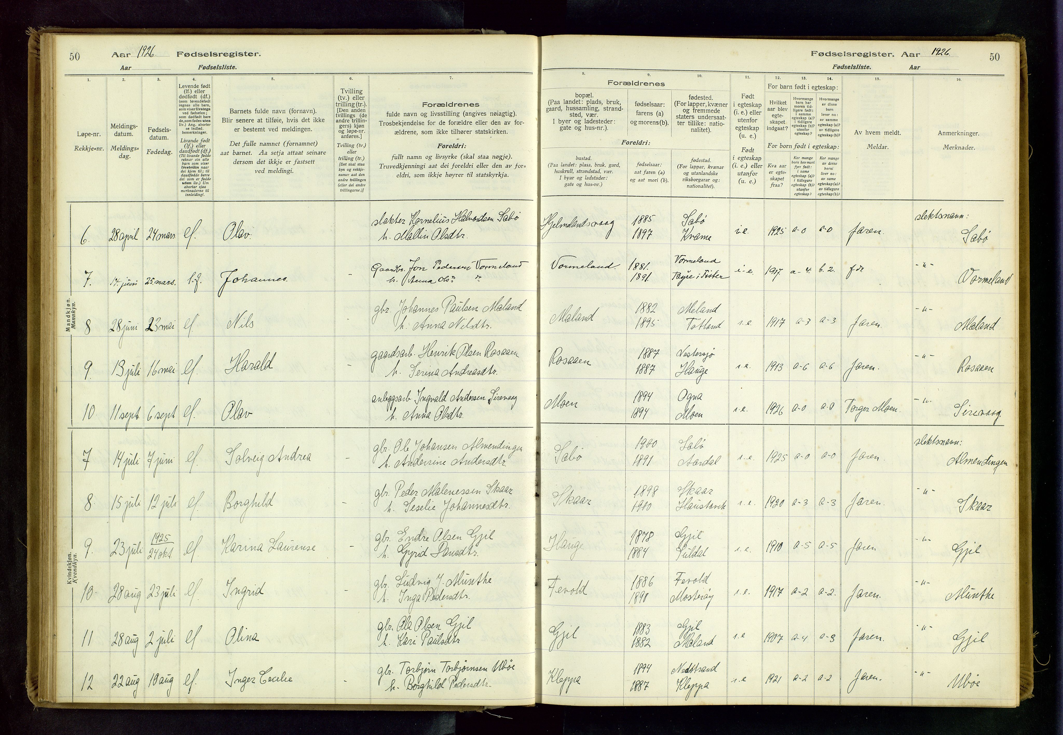 Hjelmeland sokneprestkontor, AV/SAST-A-101843/02/B/L0001: Birth register no. 1, 1916-1963, p. 50