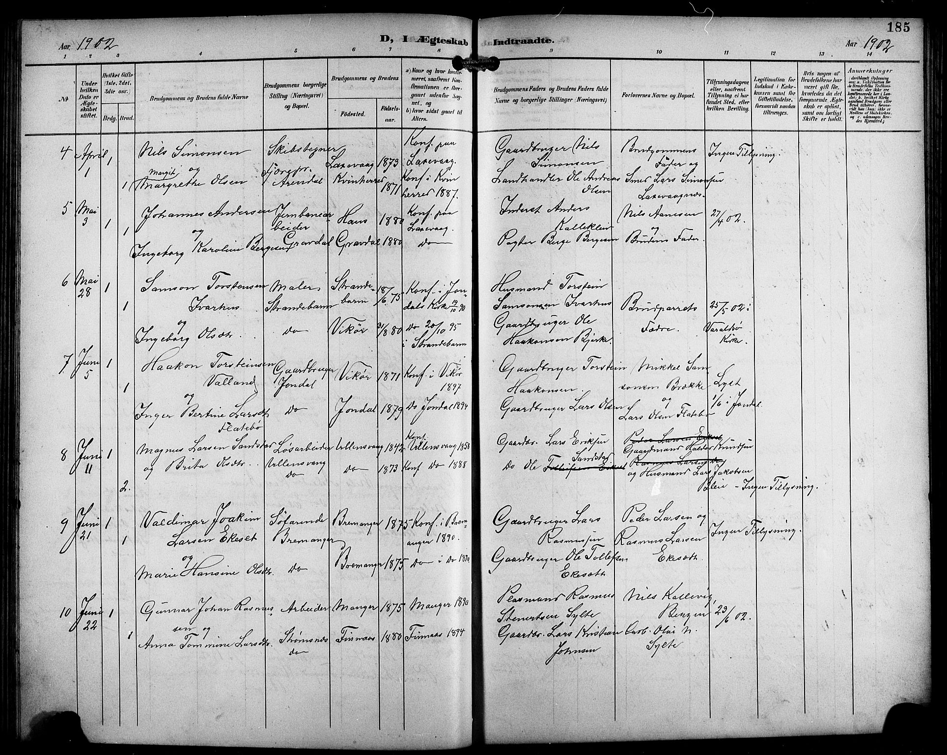 Laksevåg Sokneprestembete, SAB/A-76501/H/Ha/Hab/Haba/L0004: Parish register (copy) no. A 4, 1899-1909, p. 185