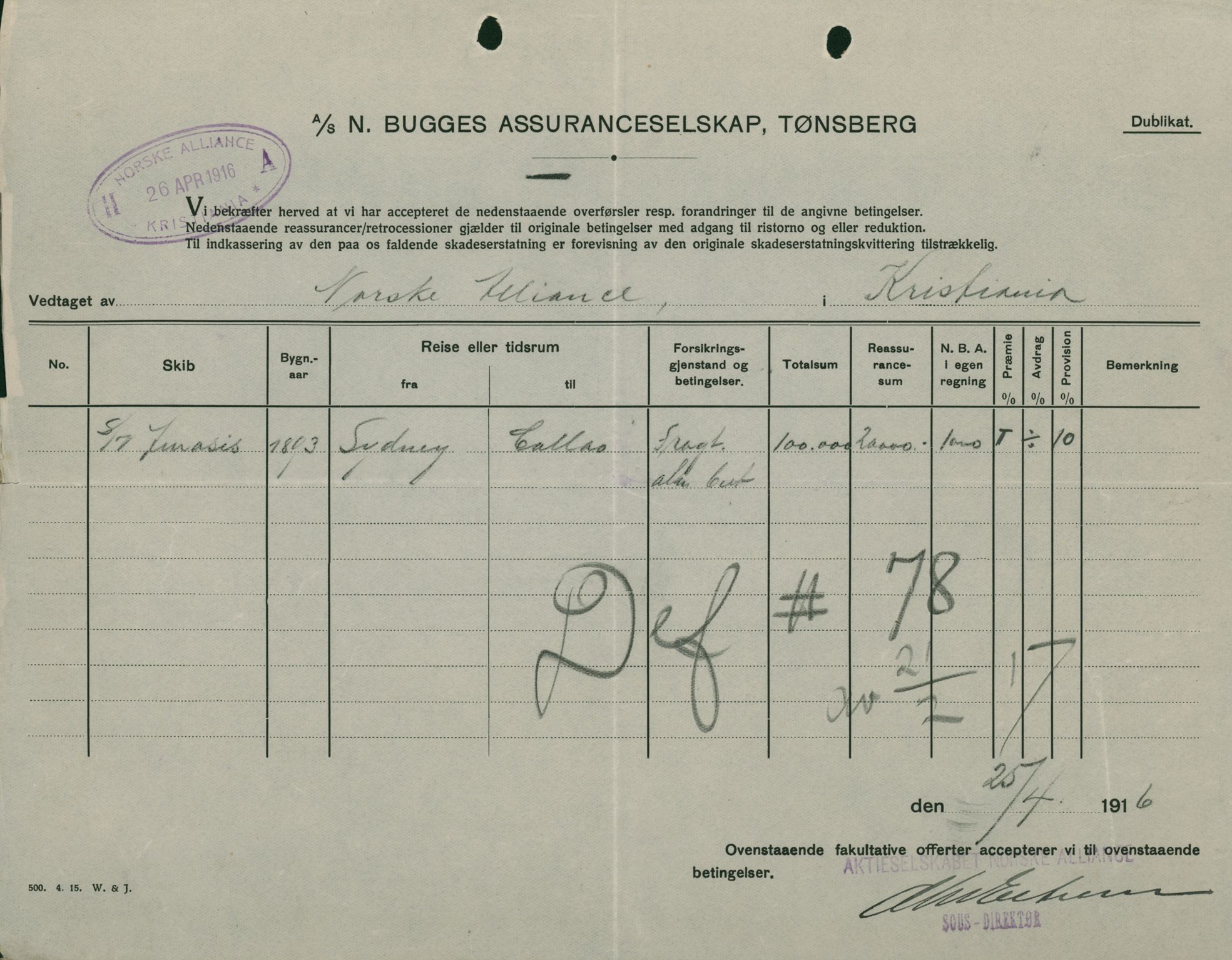 Pa 664 - Tønsberg Sjøforsikringsselskap, VEMU/A-1773/F/L0001: Forsikringspoliser, 1915-1918