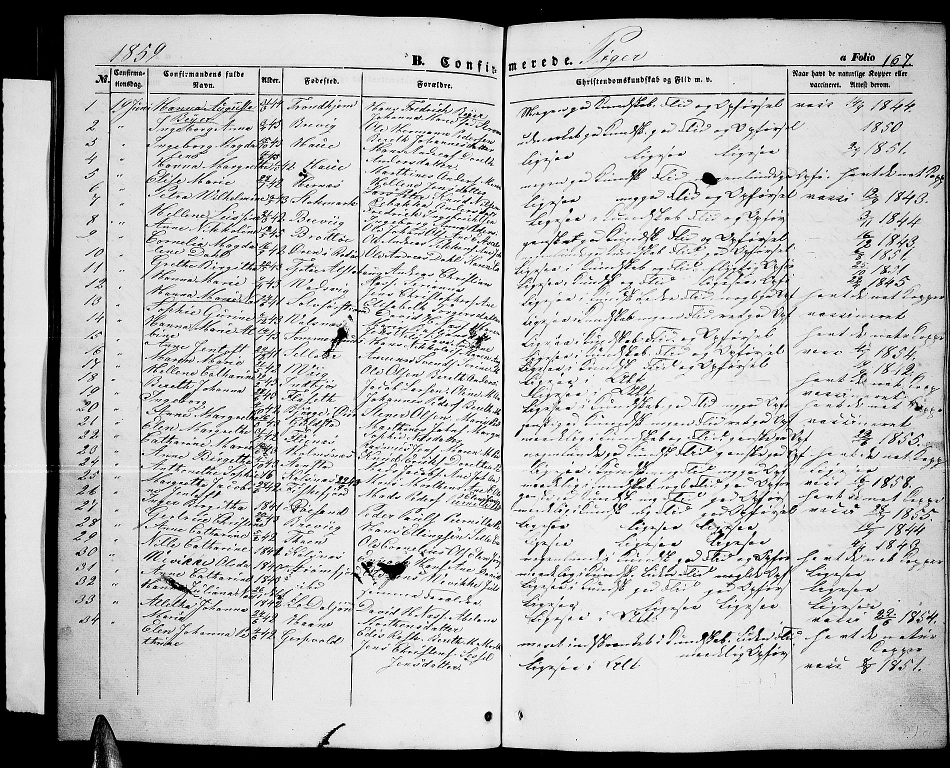 Ministerialprotokoller, klokkerbøker og fødselsregistre - Nordland, AV/SAT-A-1459/888/L1265: Parish register (copy) no. 888C03, 1850-1863, p. 167