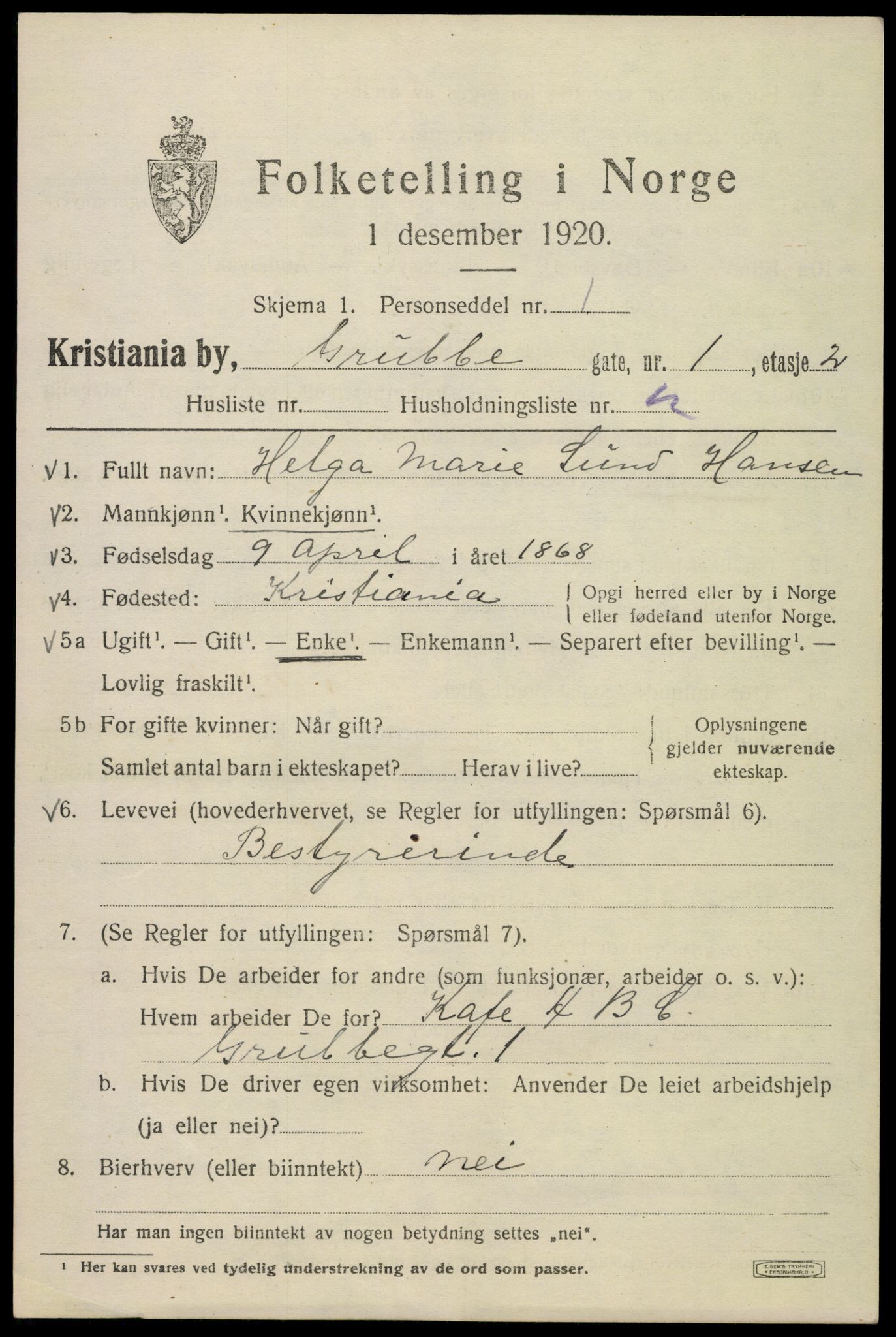 SAO, 1920 census for Kristiania, 1920, p. 252429