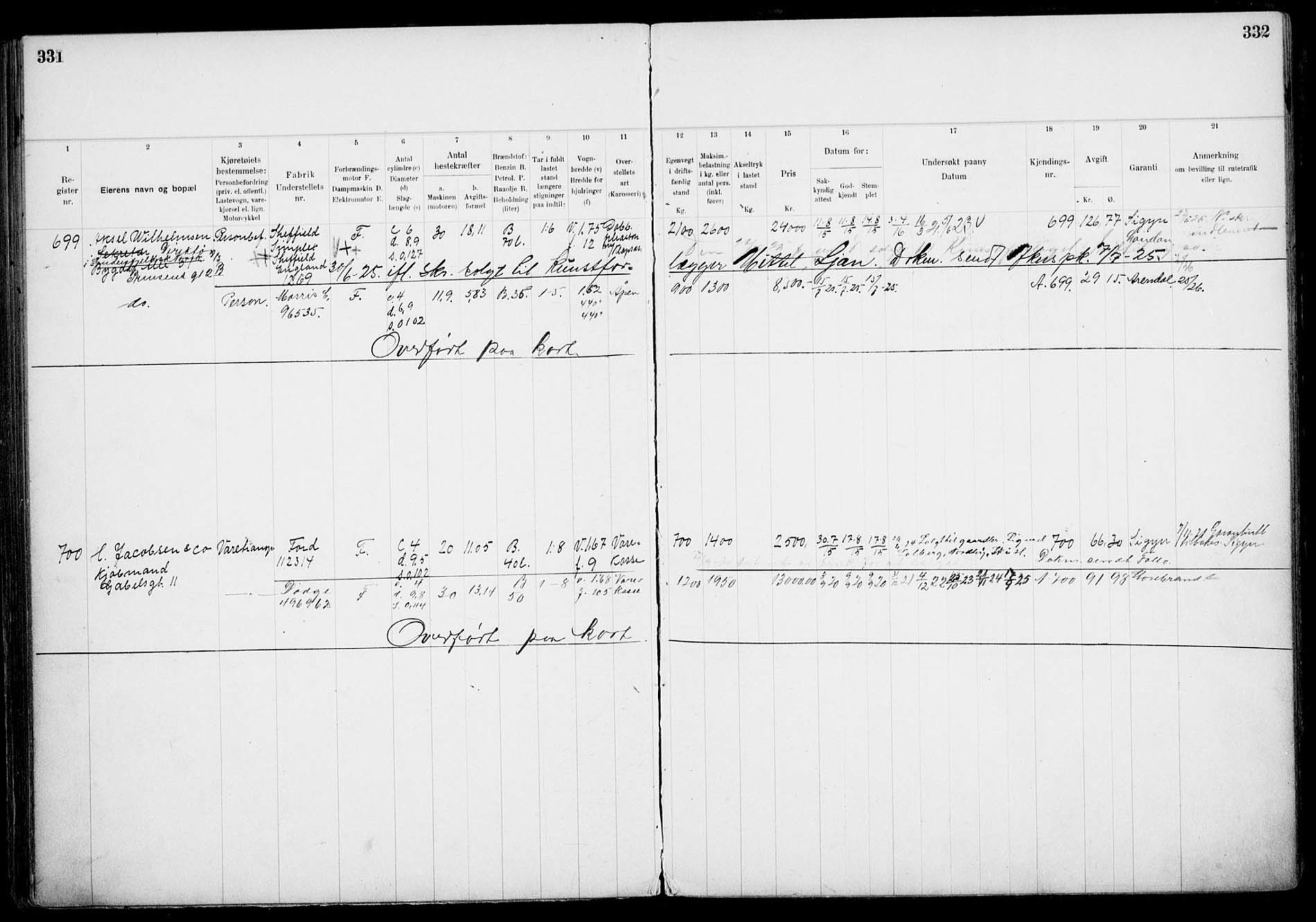 Vegdirektoratet, Bilavdelingen M, AV/RA-S-1663/F/Fa/L0002: Bilregisterprotokoll. Reg.nr. A1-A29 og A400-A902, 1913-1926, p. 331-332