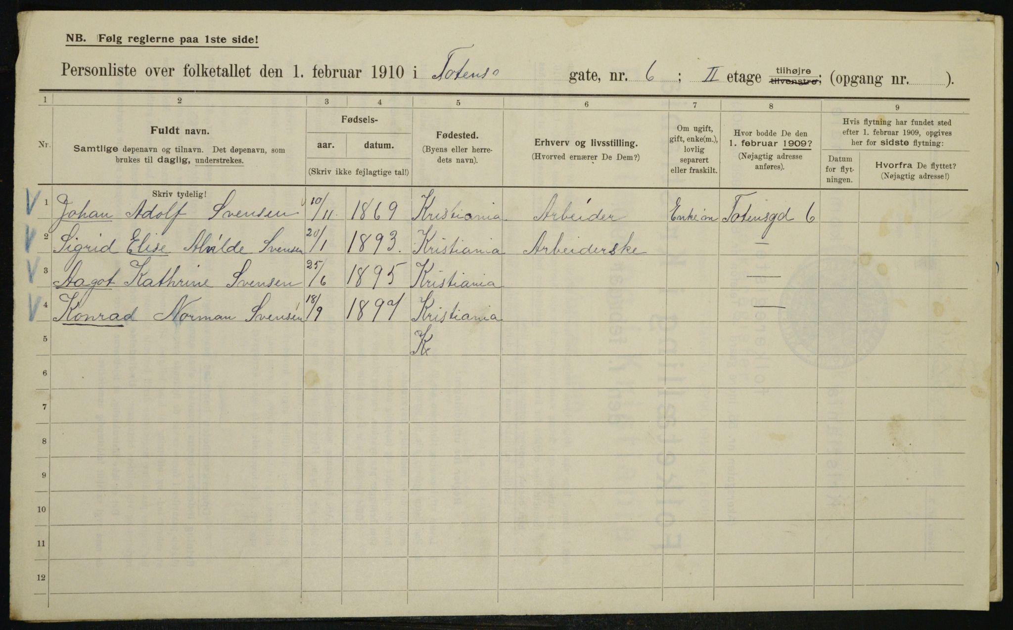 OBA, Municipal Census 1910 for Kristiania, 1910, p. 109583