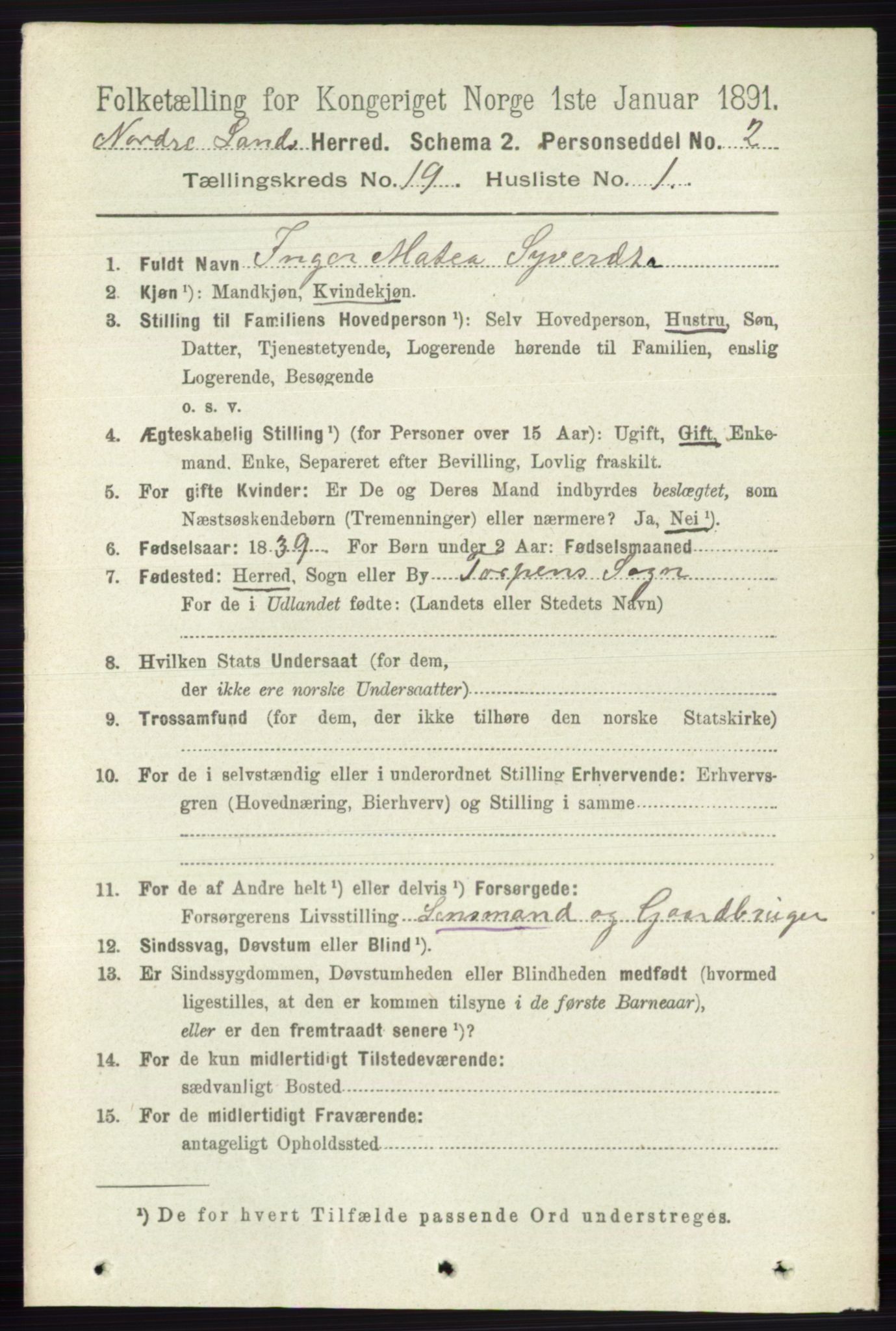 RA, 1891 census for 0538 Nordre Land, 1891, p. 4622