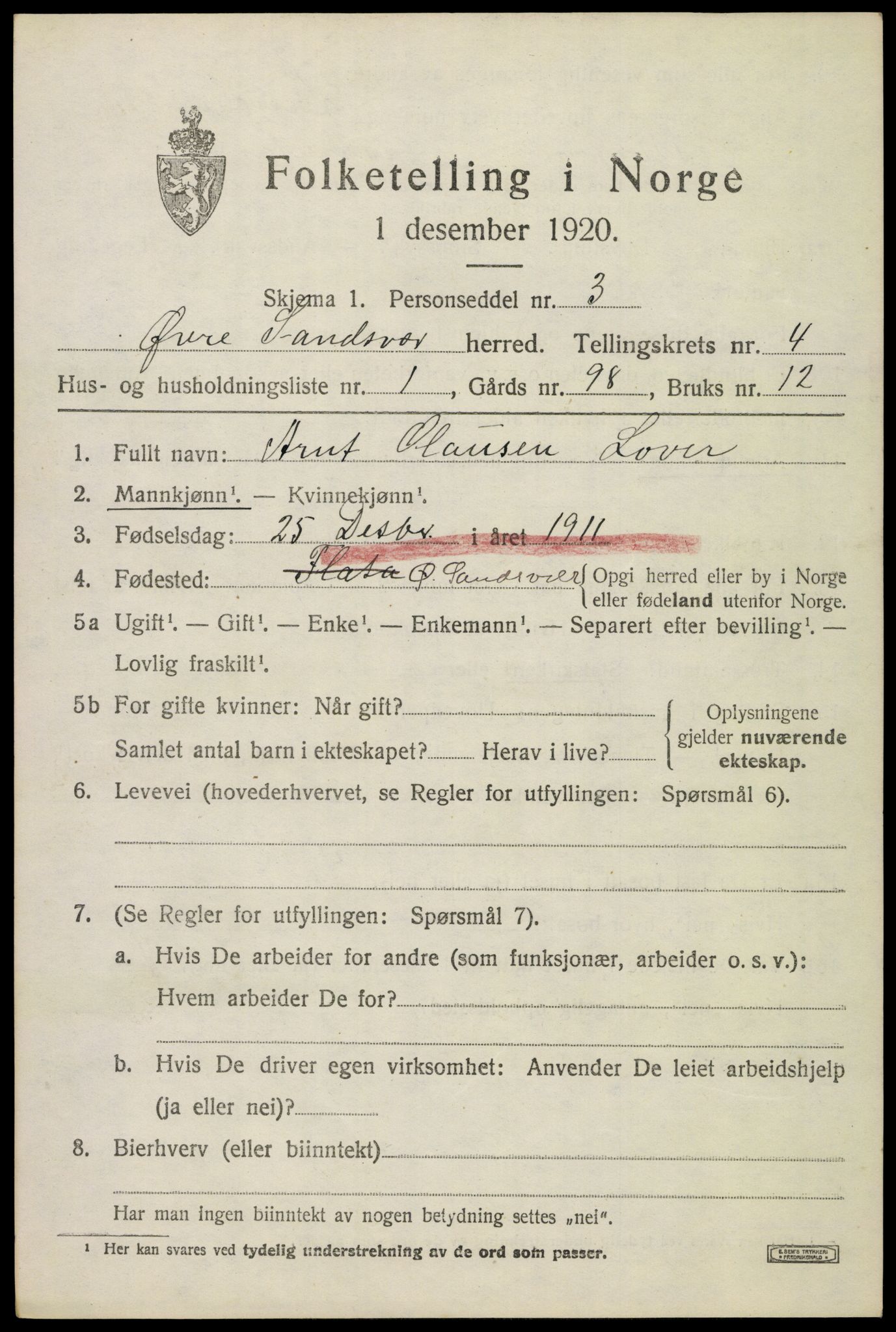 SAKO, 1920 census for Øvre Sandsvær, 1920, p. 2552