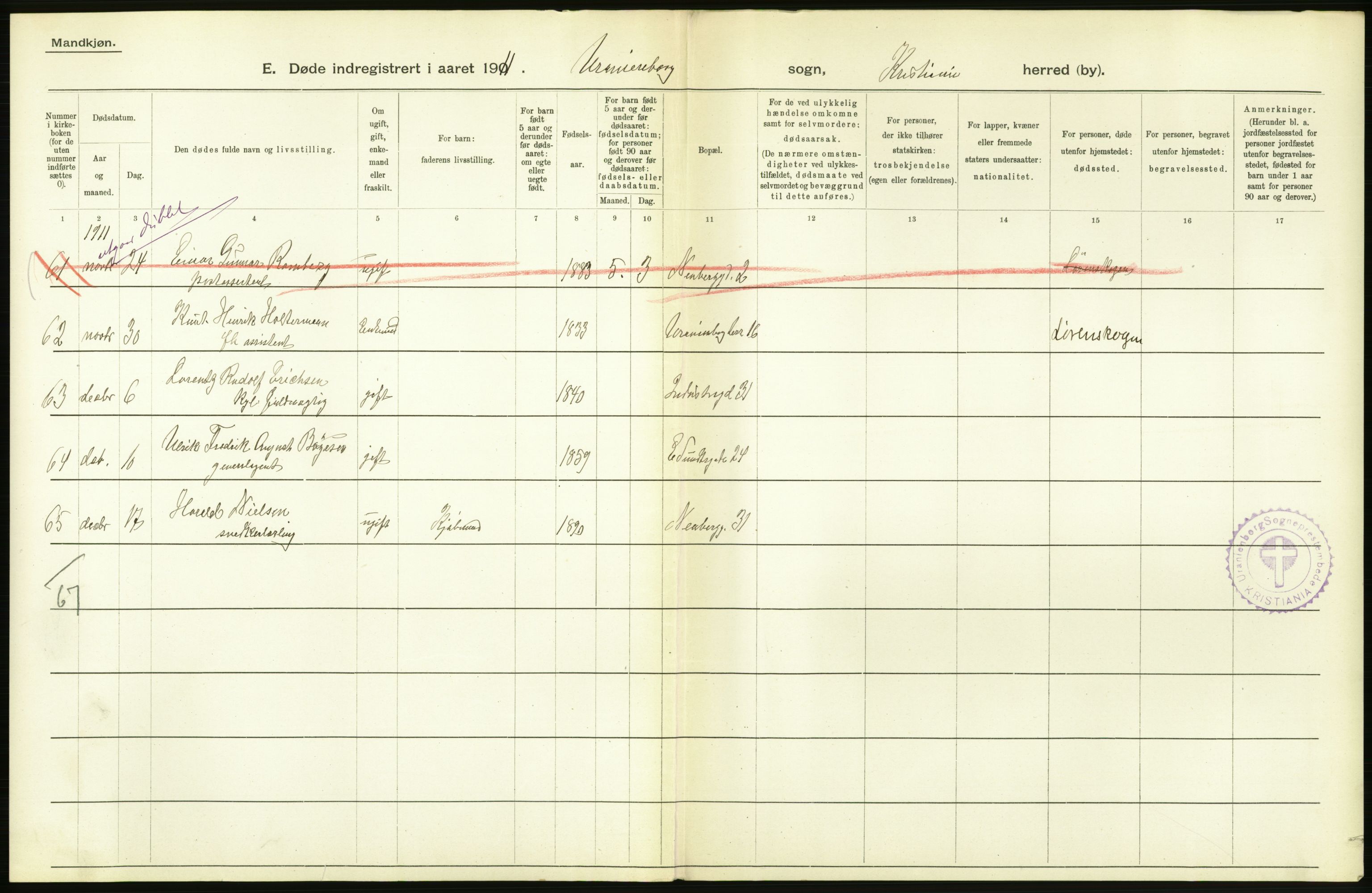 Statistisk sentralbyrå, Sosiodemografiske emner, Befolkning, RA/S-2228/D/Df/Dfb/Dfba/L0009: Kristiania: Døde menn, 1911, p. 178