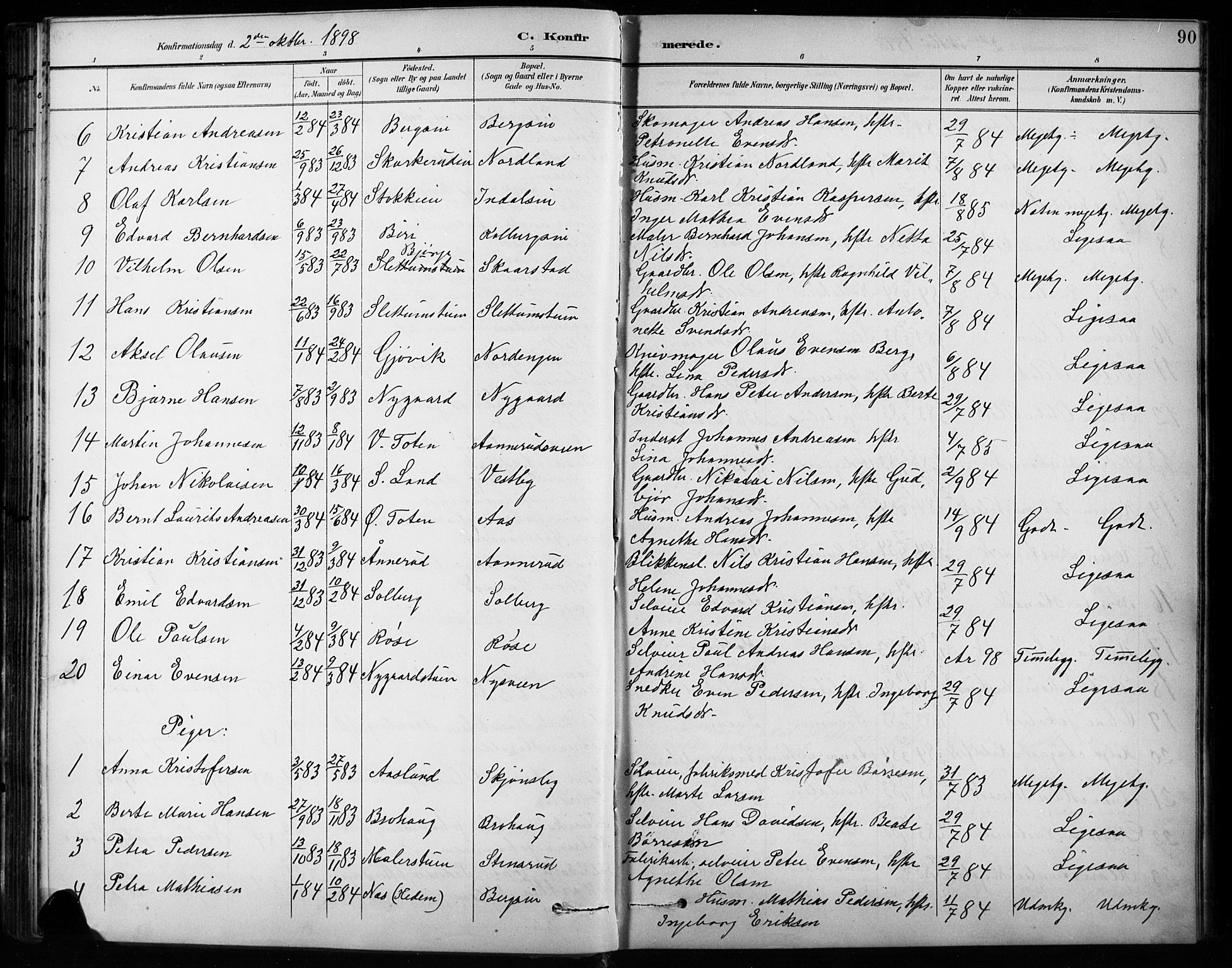 Vardal prestekontor, SAH/PREST-100/H/Ha/Hab/L0010: Parish register (copy) no. 10, 1895-1903, p. 90