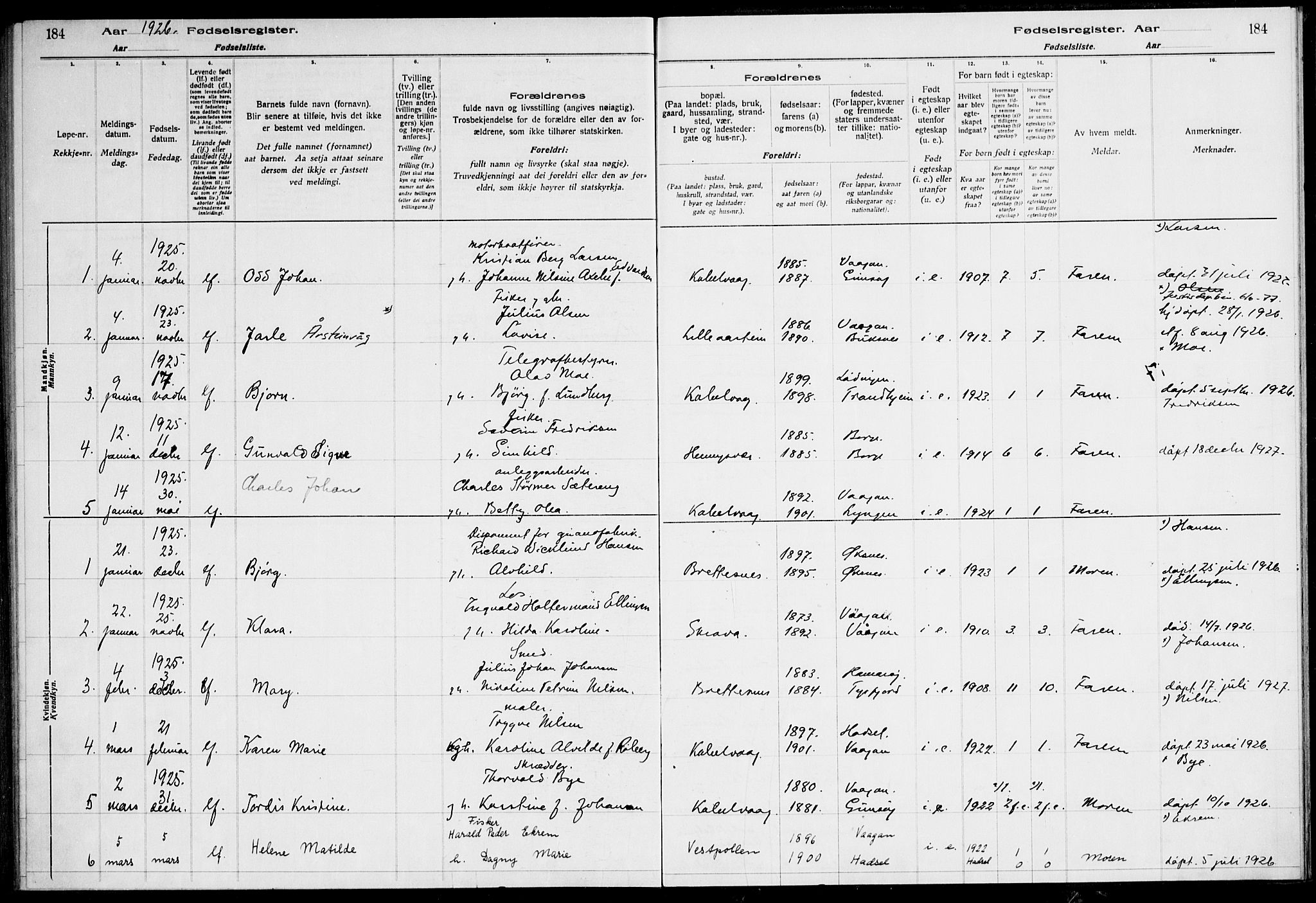 Ministerialprotokoller, klokkerbøker og fødselsregistre - Nordland, SAT/A-1459/874/L1089: Birth register no. 874.II.4.1, 1916-1926, p. 184
