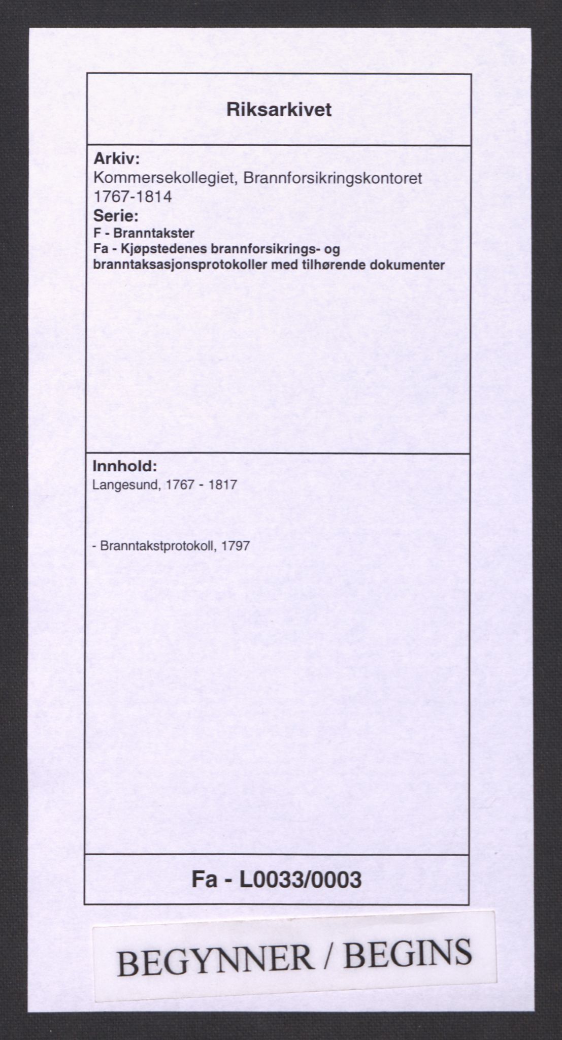 Kommersekollegiet, Brannforsikringskontoret 1767-1814, RA/EA-5458/F/Fa/L0033/0003: Langesund / Branntakstprotokoll, 1797