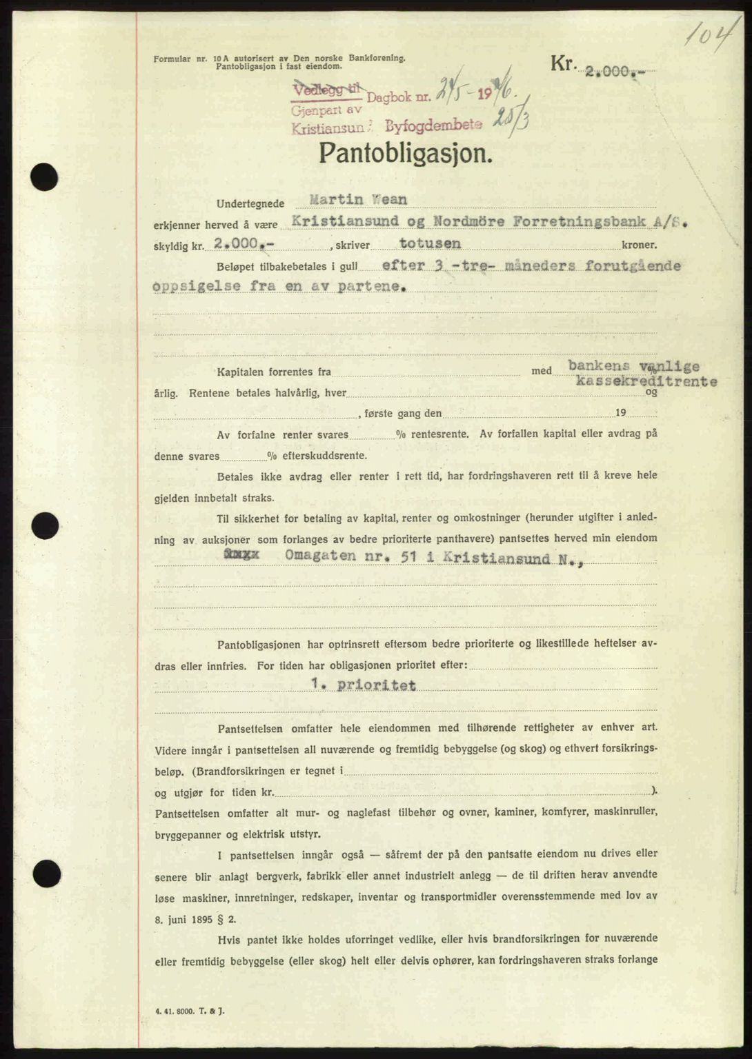 Kristiansund byfogd, AV/SAT-A-4587/A/27: Mortgage book no. 40, 1946-1946, Diary no: : 245/1946