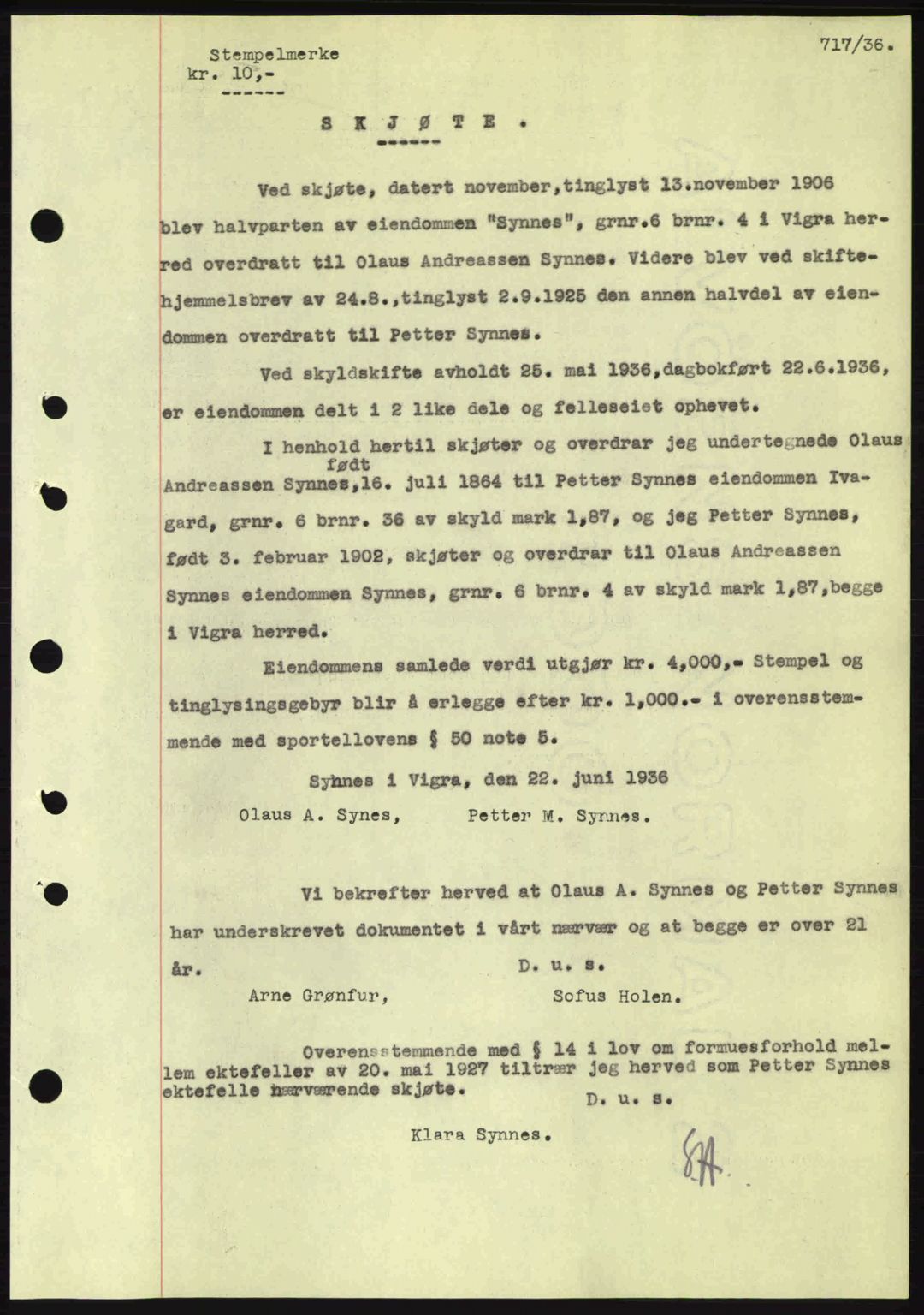 Nordre Sunnmøre sorenskriveri, AV/SAT-A-0006/1/2/2C/2Ca: Mortgage book no. A1, 1936-1936, Diary no: : 717/1936