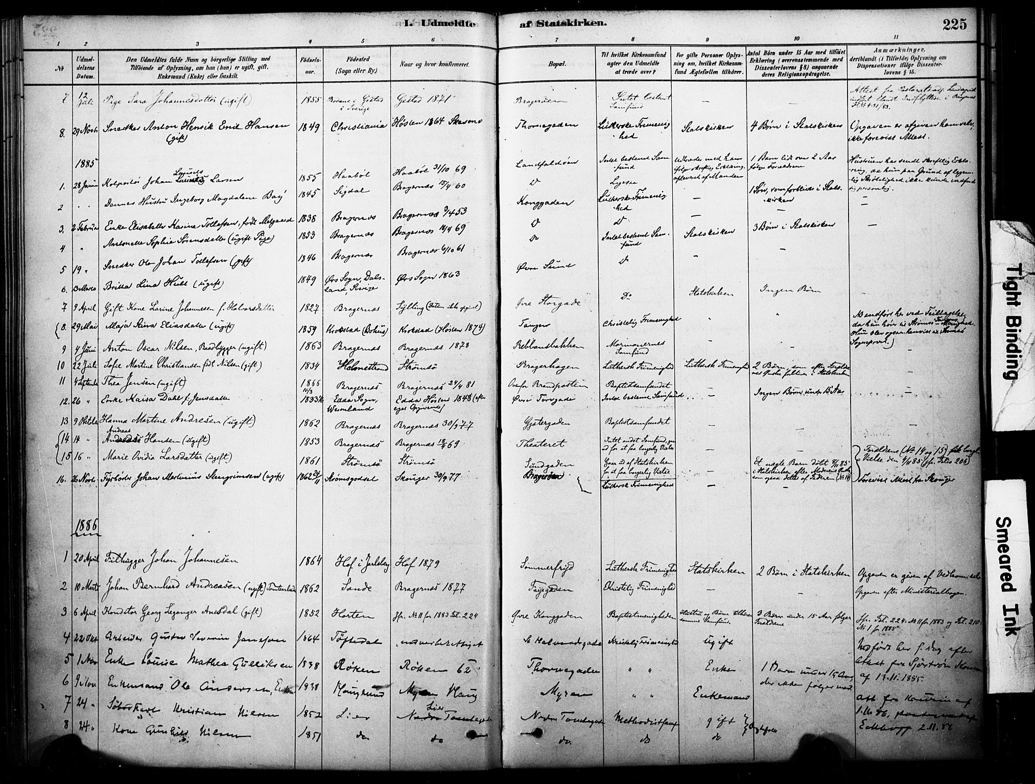 Bragernes kirkebøker, SAKO/A-6/F/Fc/L0005: Parish register (official) no. III 5, 1878-1890, p. 225