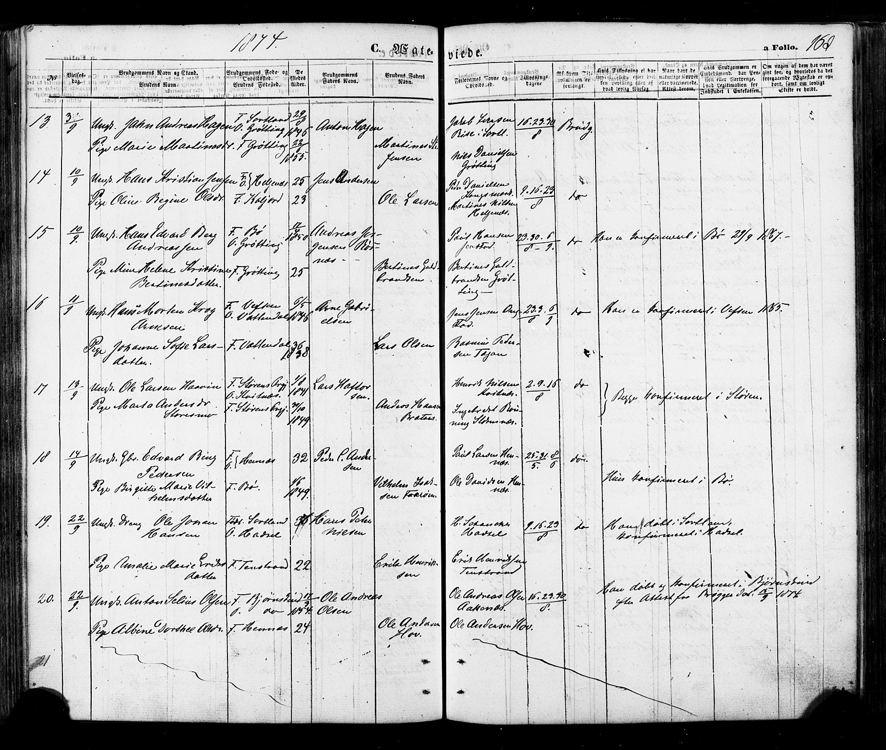 Ministerialprotokoller, klokkerbøker og fødselsregistre - Nordland, SAT/A-1459/888/L1242: Parish register (official) no. 888A08, 1870-1875, p. 163