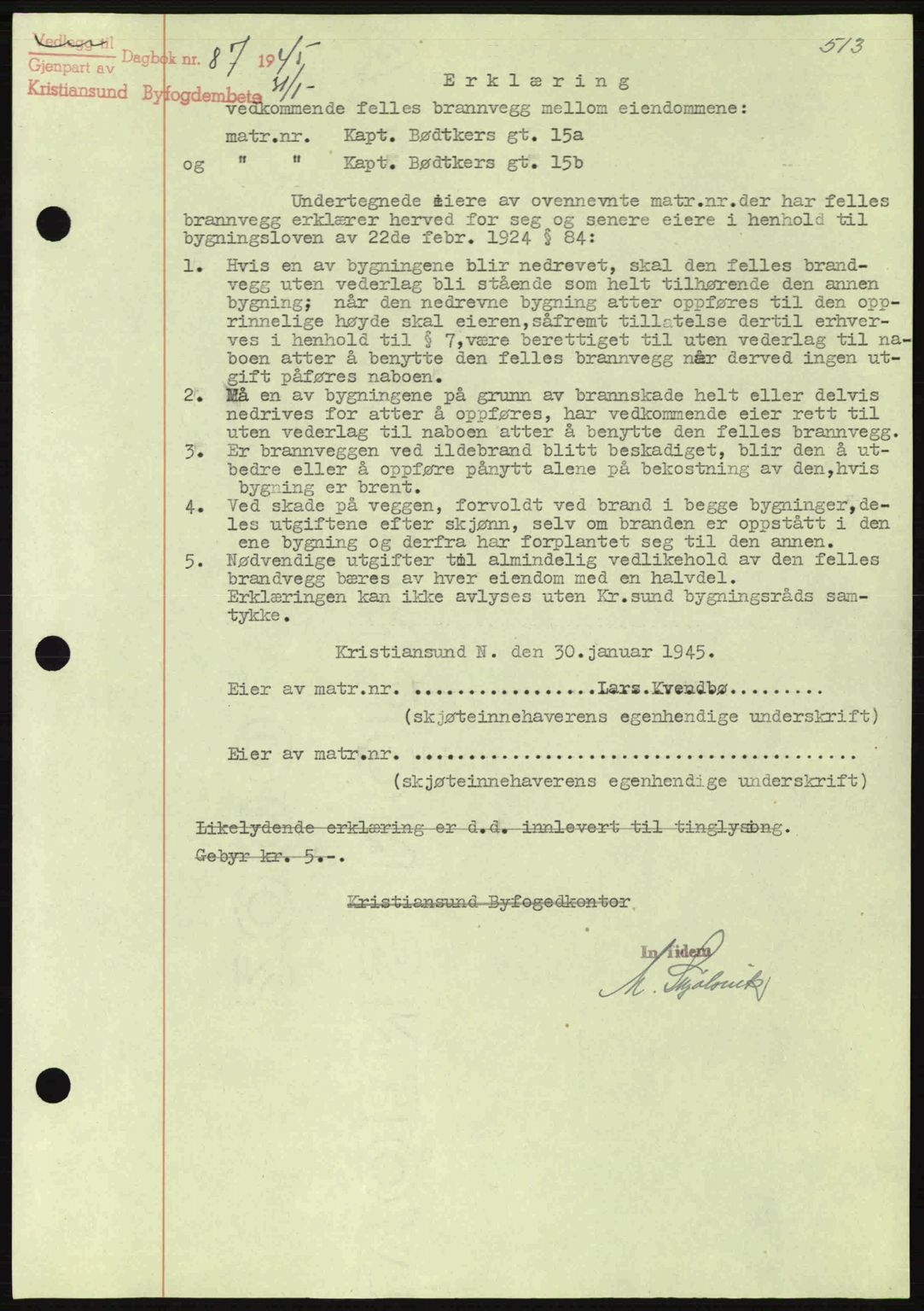 Kristiansund byfogd, SAT/A-4587/A/27: Mortgage book no. 37-38, 1943-1945, Diary no: : 87/1945