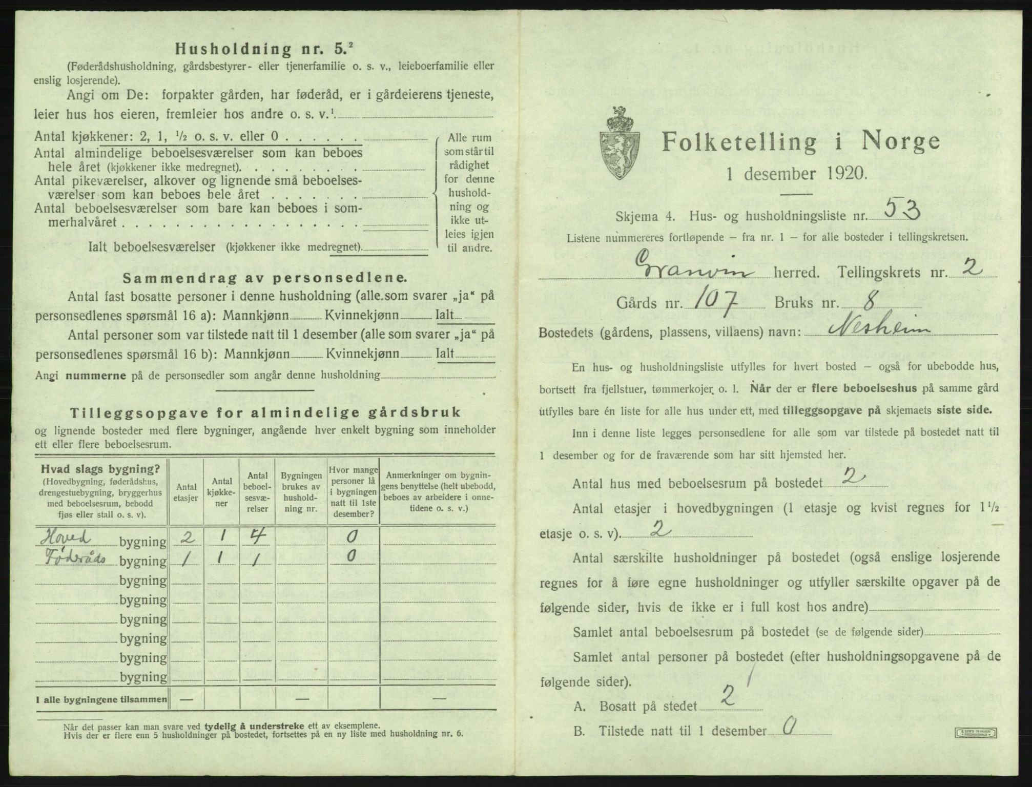 SAB, 1920 census for Granvin, 1920, p. 155